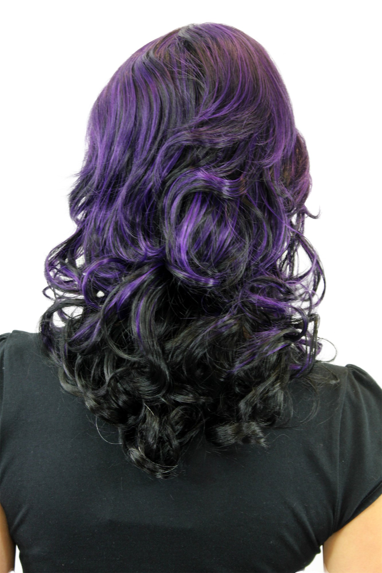 GLAMOROUS Lady  Wig BLACK with PURPLE curled bouncing ends SHOULDER LENGTH middle parting, view 2, WIG ME UP: Your Perücken Online Shop Quality Wigs, Ladies, black and purple, curled, shoulder-length