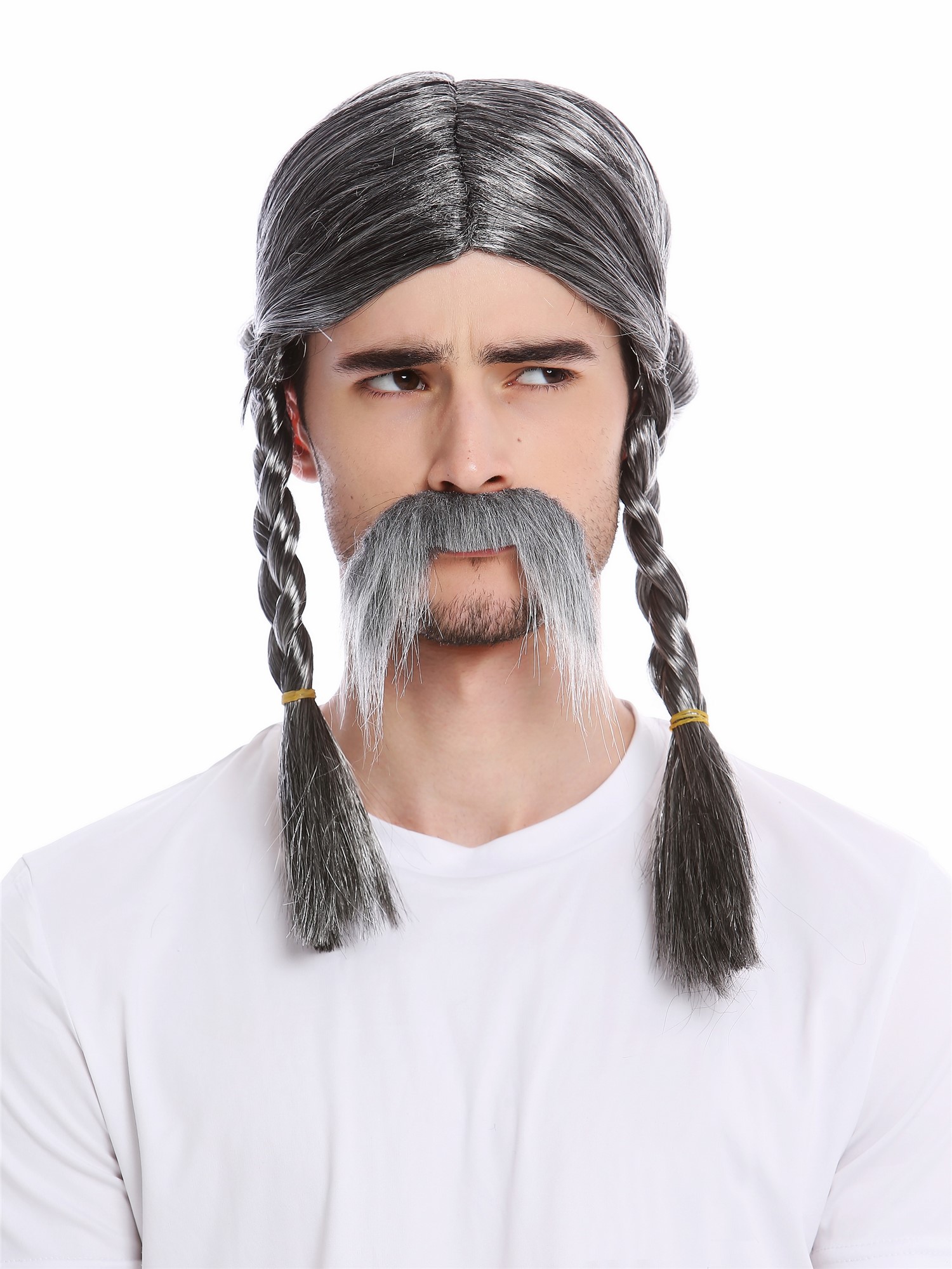 Man Party Wig & Mustache Set gray long braids braided plaited Gaul Viking 91099, front view, WIG ME UP: Your Perücken Online Shop Party Wig, Men, Grey, Braided, long