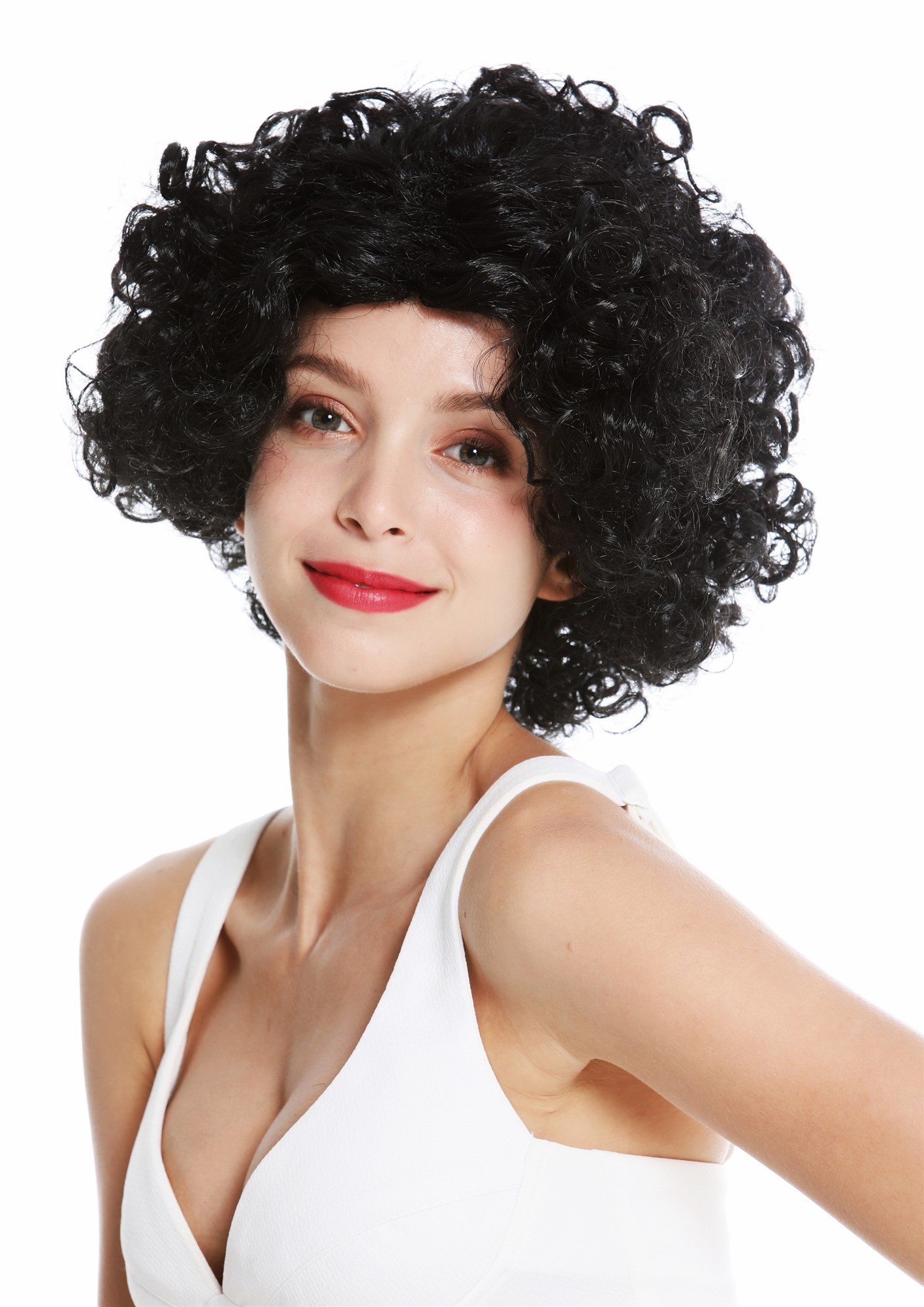 Women's party wig carnival Halloween Diva short curly middle parting black 1352, front view, WIG ME UP: Your Perücken Online Shop Party Wig, Unisex, pitch black, curled, short