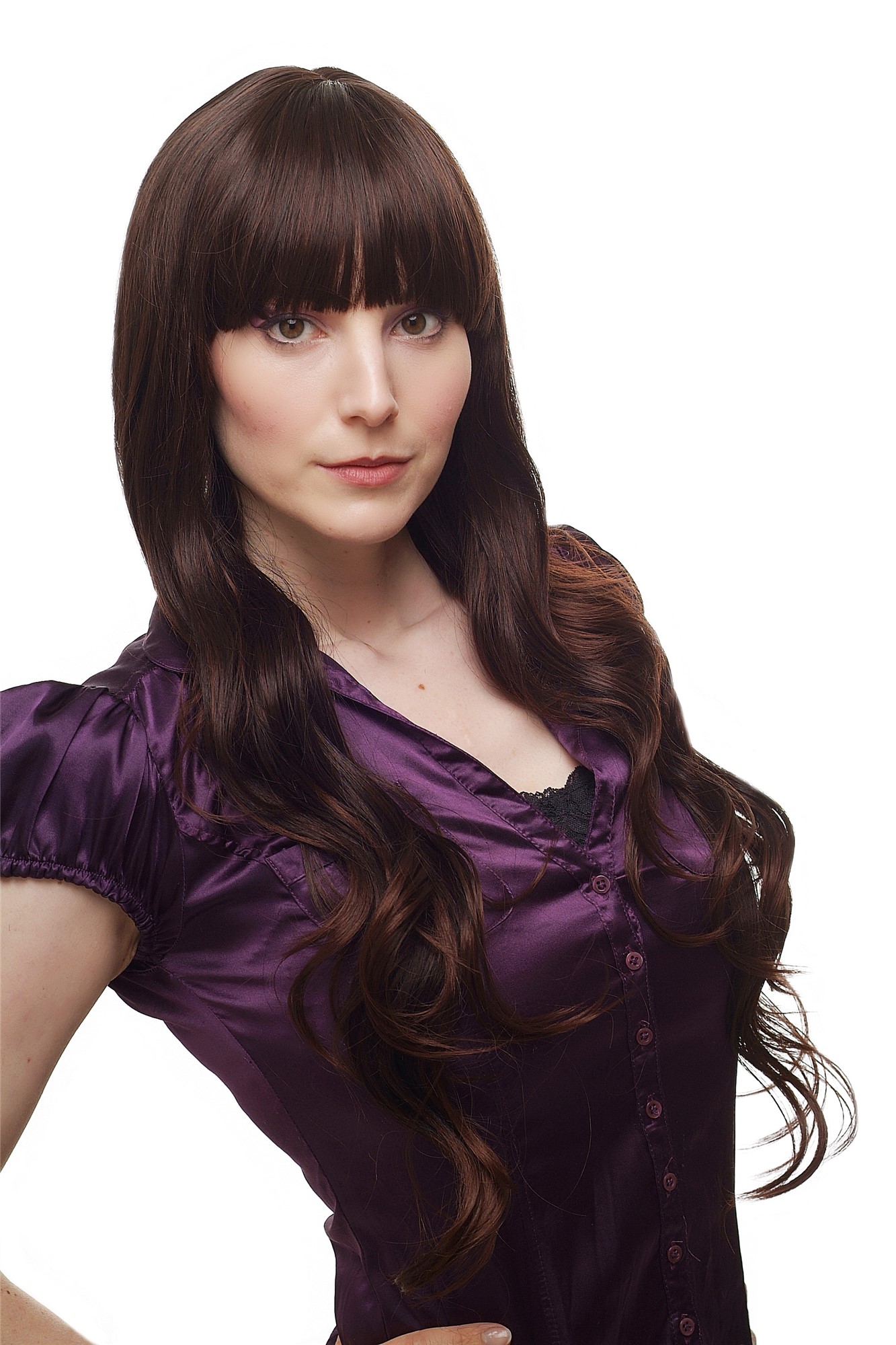 Lady  Wig LONG straight slightly wavy cute bangs fringe DARK BROWN + strands mahogany, front view, WIG ME UP: Your Perücken Online Shop Quality Wigs, Ladies, Brown, wavy, very long