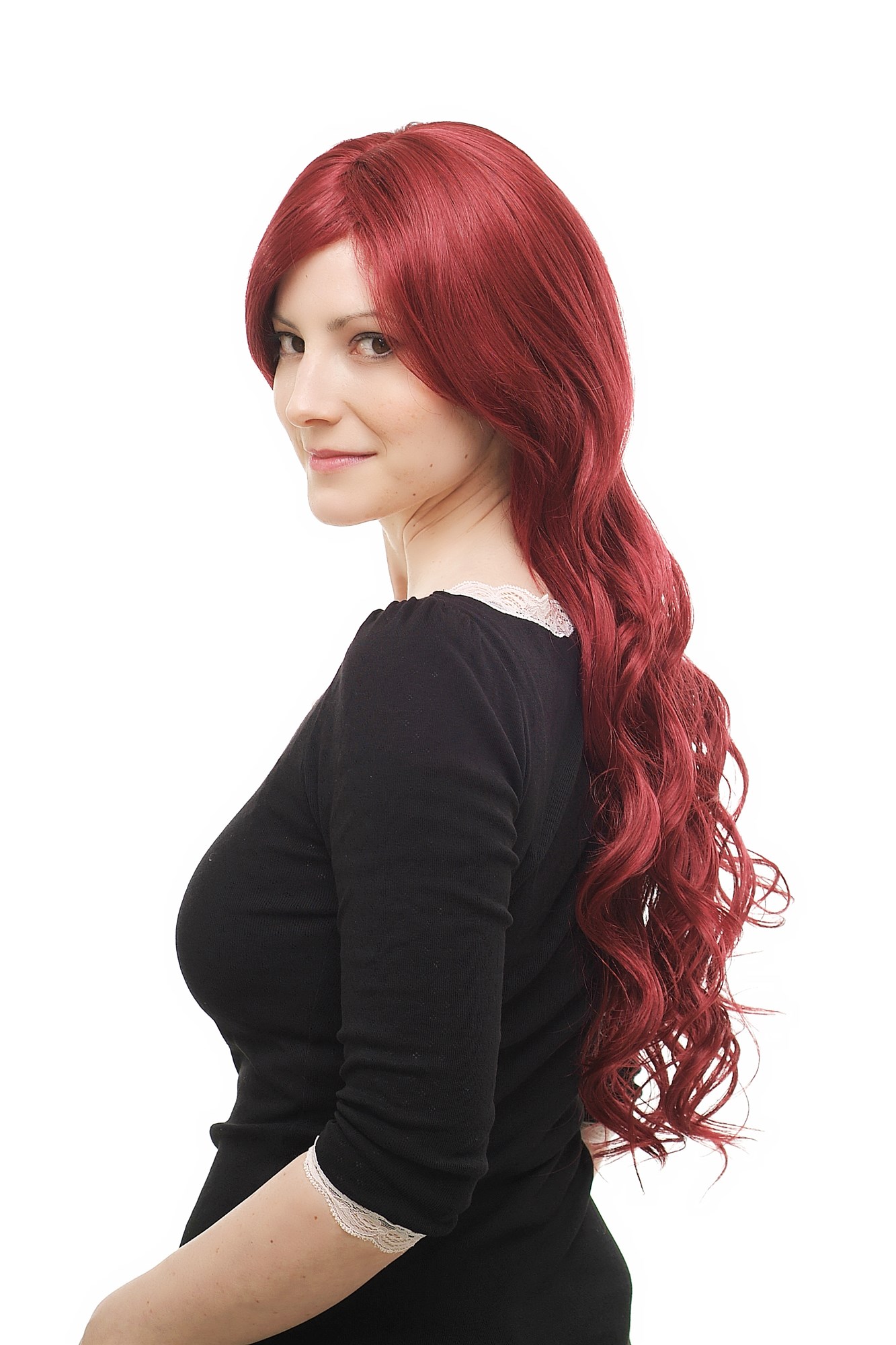 hochwertige Qualitätsperücken, Perücke lange Haare Scheitel aubergine-rot wet-look 9321L-39, Ansicht 3, WIG ME UP: Ihr Perücken Online Shop lockige Tressen-Perücke mit Kopfhaut-Imitat Rot sehr lange Haare für Damen