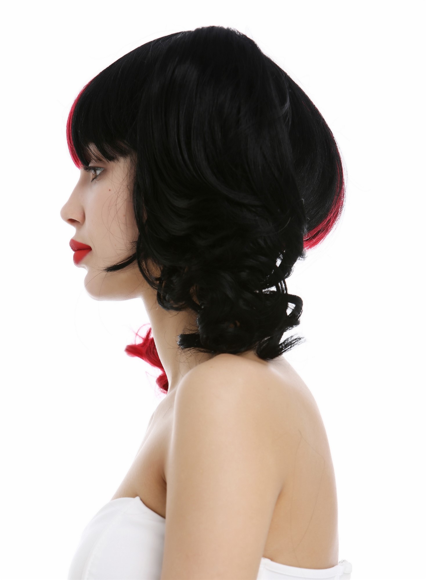 Lady wig set Gothic Lolita Harlequin 2 long wavy pigtails half red back ZM-1189, view 3, WIG ME UP: Your Perücken Online Shop Quality Wigs, Ladies, black-red mix, curled, short