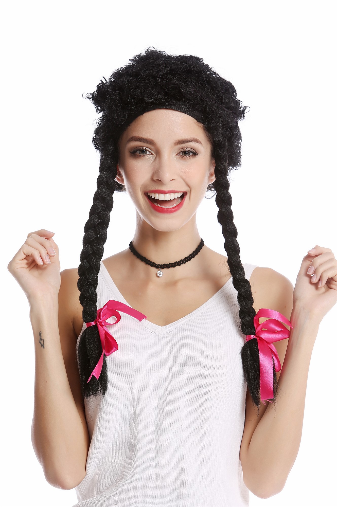 Wig Ladies Women frizzy curls curly long braided Strands Afro Caribbean 785-38, front view, WIG ME UP: Your Perücken Online Shop Party Wig, Ladies, Black, Braided, long