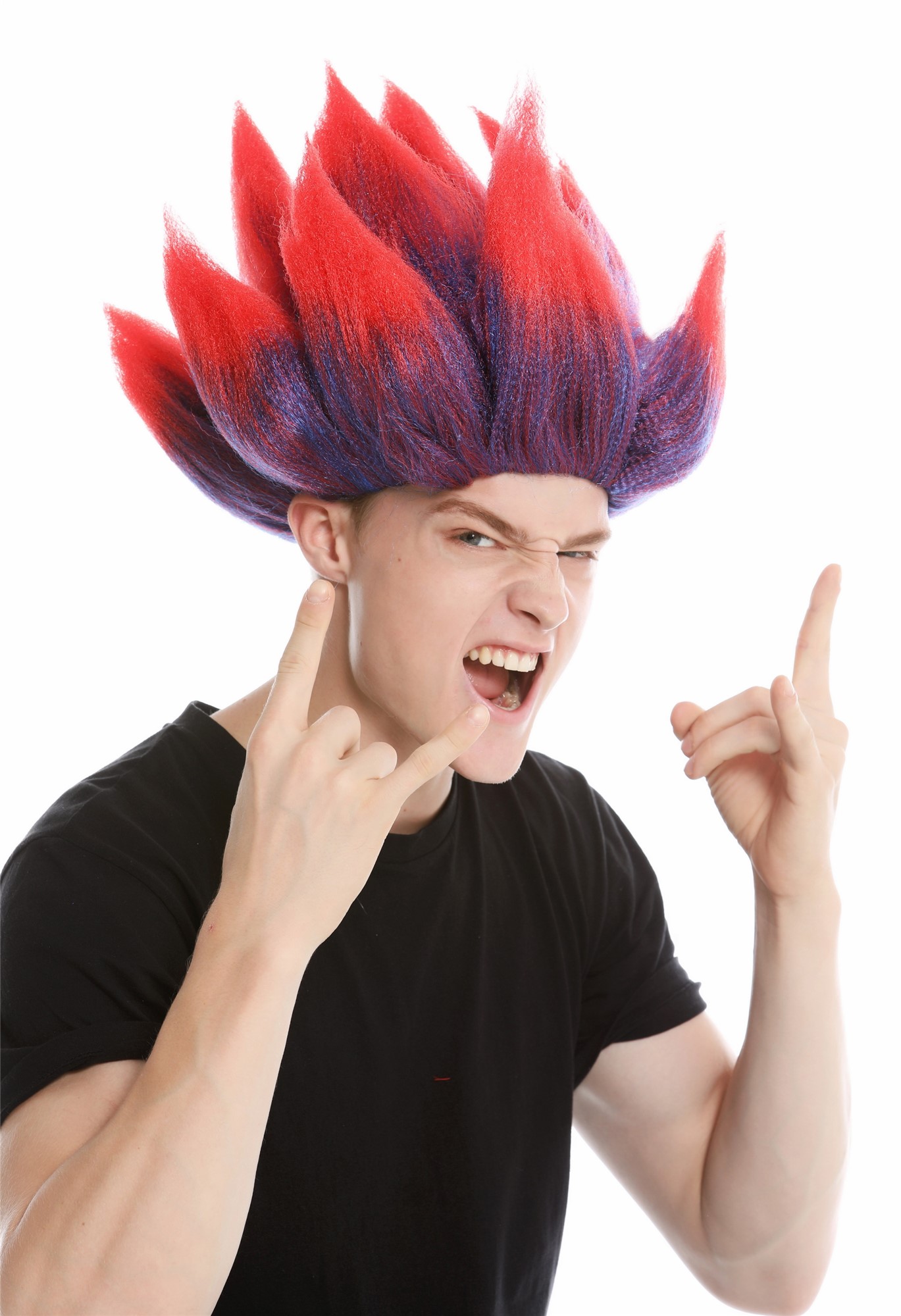 Party wig men women carnival backcombed demon devil troll flower blue red LM-19, front view, WIG ME UP: Your Perücken Online Shop Party Wig, Unisex, Red-blue with red tips, wavy, short