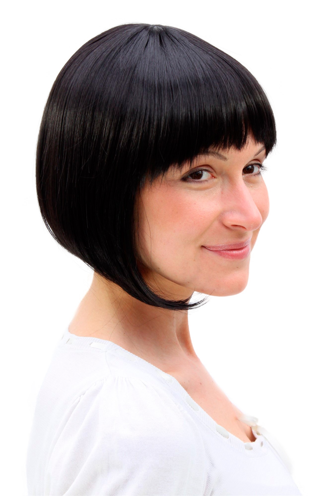 Lady women wig Bob Page 20's 30's fringe bangs straight short off black 1219, front view, WIG ME UP: Your Perücken Online Shop Quality Wigs, Ladies, black-brown, straight, short