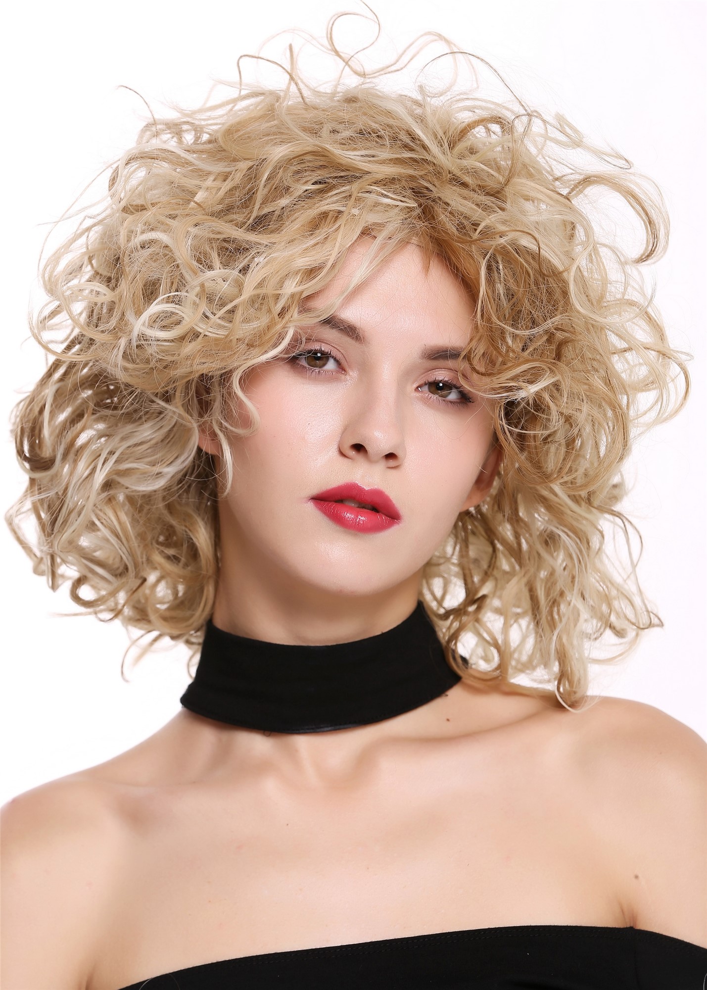 Quality Wigs, Ladies, strawberry blonde-golden blonde-platinum blonde, curled, shoulder-length