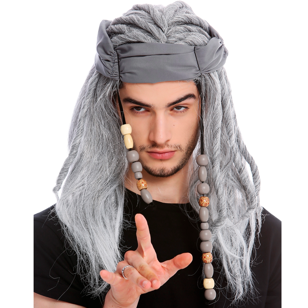 Category image for pirate wigs Grey long-haired wig with dreadlocks, large pearls in two strands of hair and a grey headband