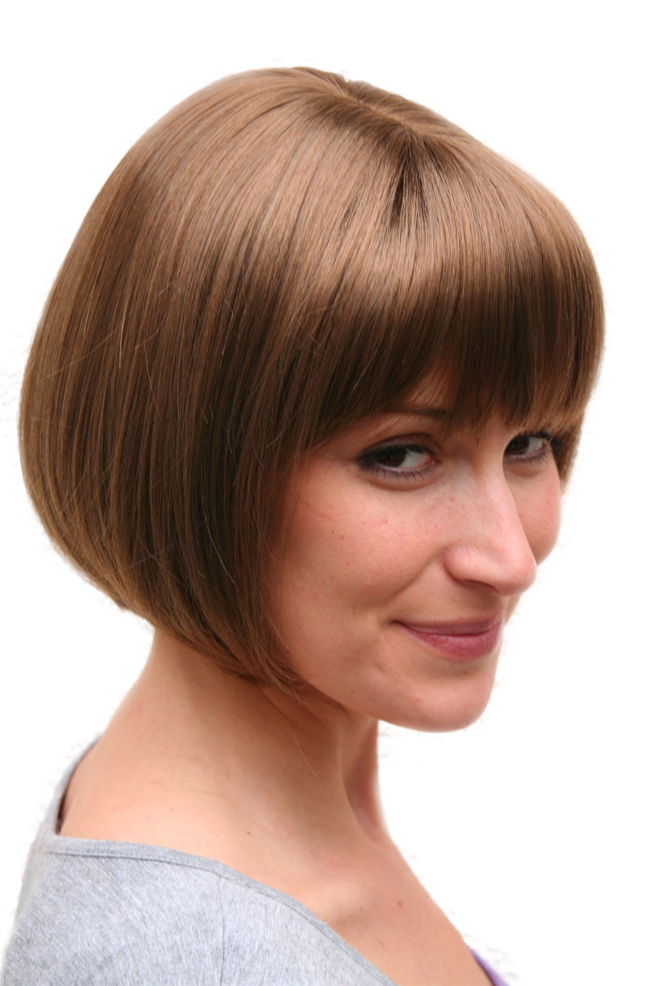 hochwertige Qualitätsperücken, Sexy Damen Bob Perücke glatte kurze Haare mit Pony brünett mittelbraun 703-10, Ansicht 2, WIG ME UP: Ihr Perücken Online Shop glatte Tressen-Perücke mit Kopfhaut-Imitat Mittel-Goldbraun kurze Haare für Damen