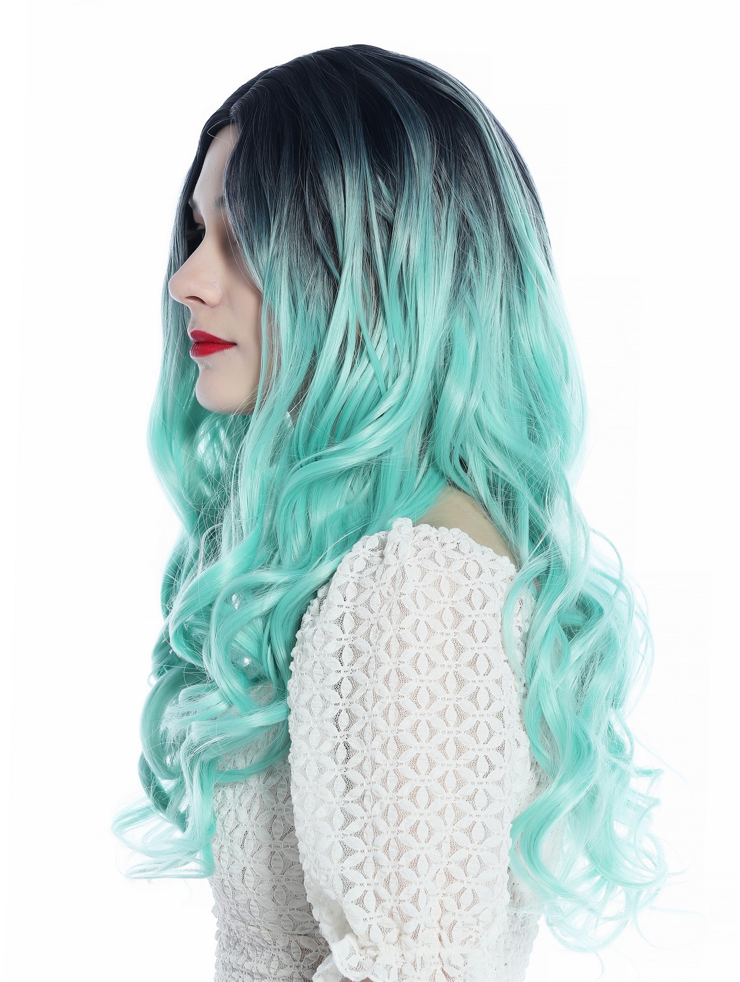 hochwertige Qualitätsperücken, Perücke lang Mittelscheitel gelockt Locken Ombre Schwarz Mintgrün SZL0829-T-006, Ansicht 4, WIG ME UP: Ihr Perücken Online Shop lockige Tressen-Perücke mit Kopfhaut-Imitat Blauschwarz-Mintgrün-Verlauf lange Haare für Damen