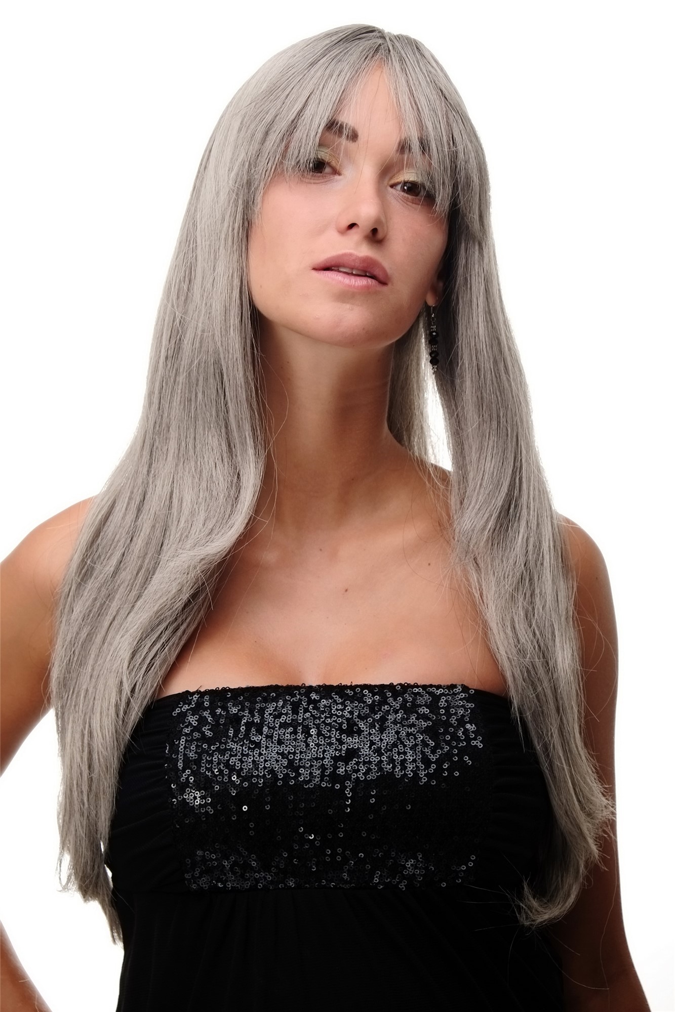 Lady women wig very long fringe part to side straight silver grey gray 3111, front view, WIG ME UP: Your Perücken Online Shop Quality Wigs, Ladies, Grey, straight, long