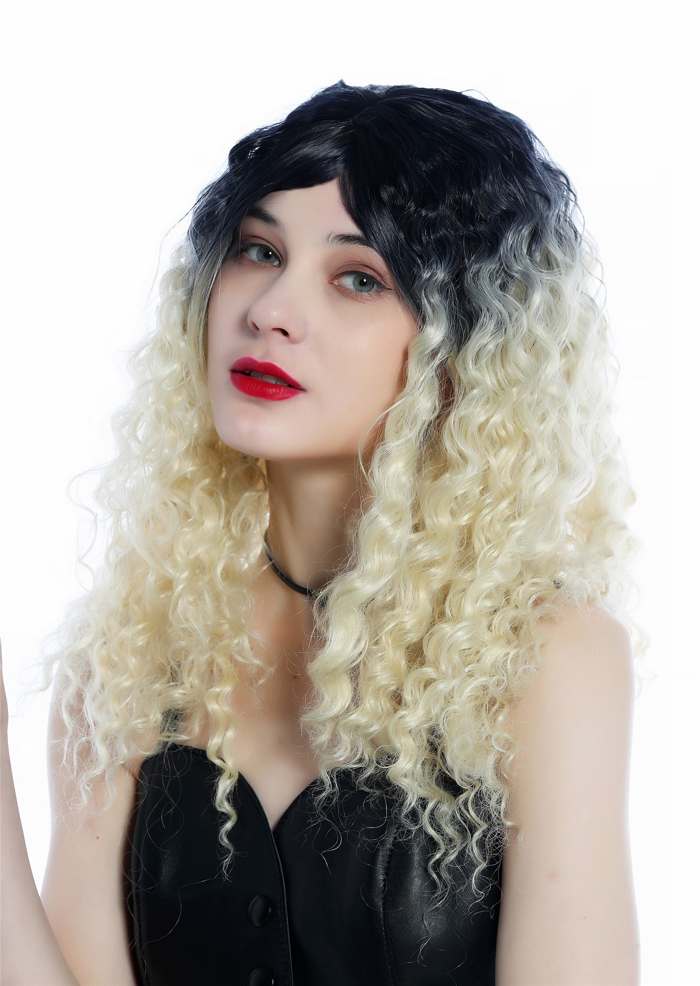 Women's wig long curled kinks kinked Ombre black roots platinum blonde ZM-1018, view 2, WIG ME UP: Your Perücken Online Shop Quality Wigs, Ladies, black-platinum blonde gradient, curled, long