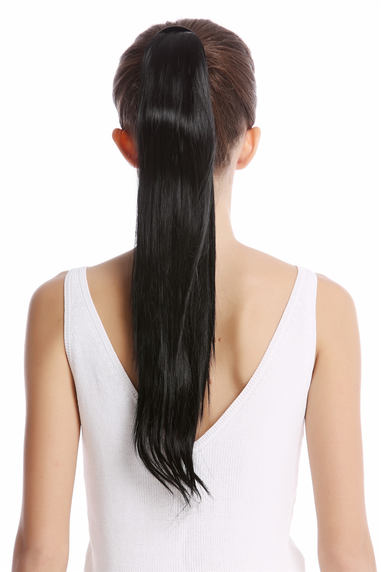 hochwertiges Haarteil Zopf glattes Haar Steckkamm & Haarreif Schwarz Srosy-1, Vorderansicht, WIG ME UP: Ihr Perücken Online Shop glattes Zopf-Haarteil Schwarz 55 cm lang