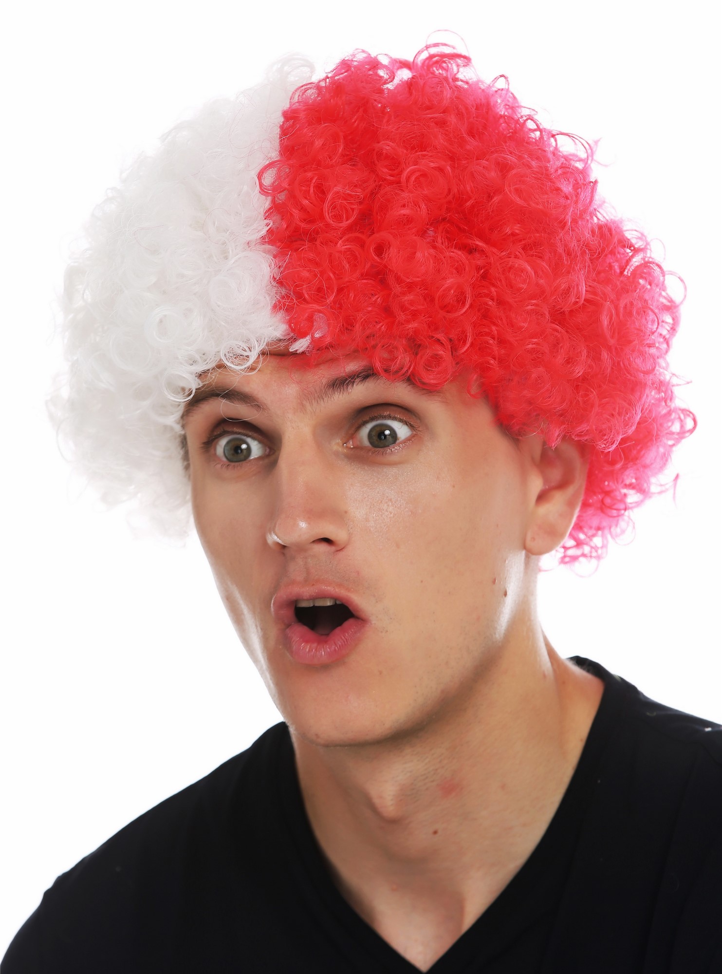 Fan wig carnival afro soccer football world cup white red half and half MMAM-15M, view 2, WIG ME UP: Your Perücken Online Shop Party Wig, Unisex, red-white mix, curled, short