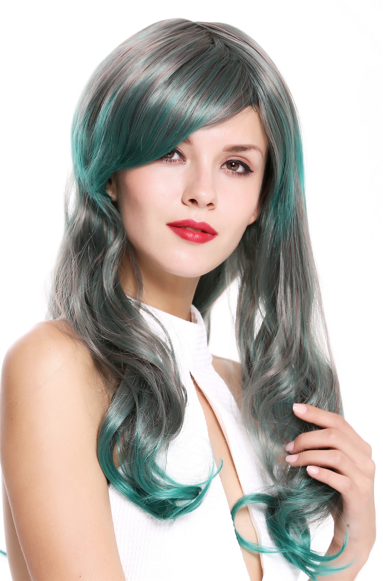 hochwertige Qualitätsperücken, Perücke Wellig Scheitel Grau Grün Rot Mix 6083-1102TBD, Ansicht 4, WIG ME UP: Ihr Perücken Online Shop wellige Tressen-Perücke mit Kopfhaut-Imitat Grau-Grün-Rot-Mix lange Haare für Damen