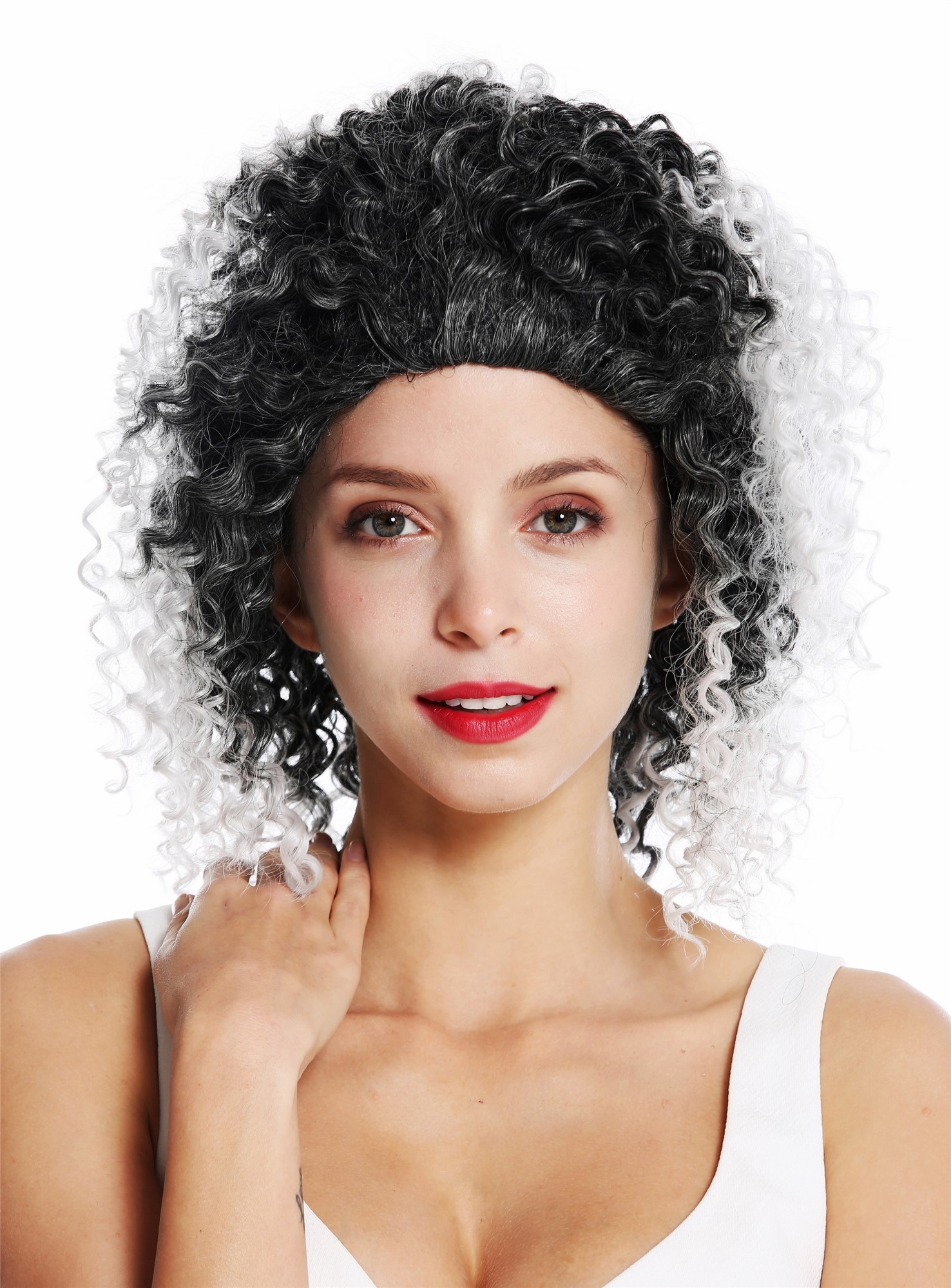 Women's wig lady shoulder length frizzy curls black grey highlights ZM-1590, view 2, WIG ME UP: Your Perücken Online Shop Quality Wigs, Ladies, black-gray mix, curled, shoulder-length