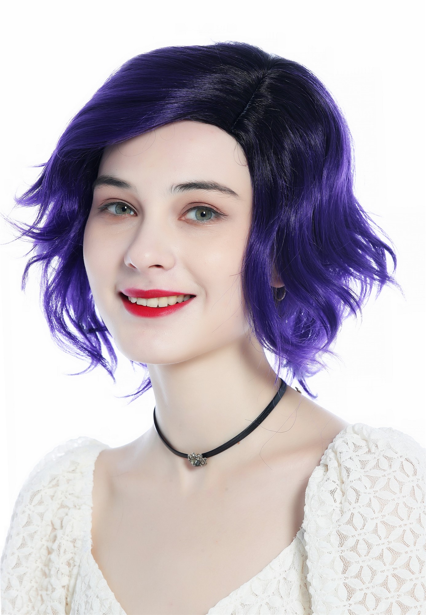 hochwertige Qualitätsperücken, Perücke kurz wild gewellt gescheitelt Scheitel Ombre Schwarz Lila DW3334-DEEPVIOLETS1B, Ansicht 2, WIG ME UP: Ihr Perücken Online Shop wellige Tressen-Perücke mit Kopfhaut-Imitat Schwarz-Lila-Verlauf schulterlange Haare für Damen