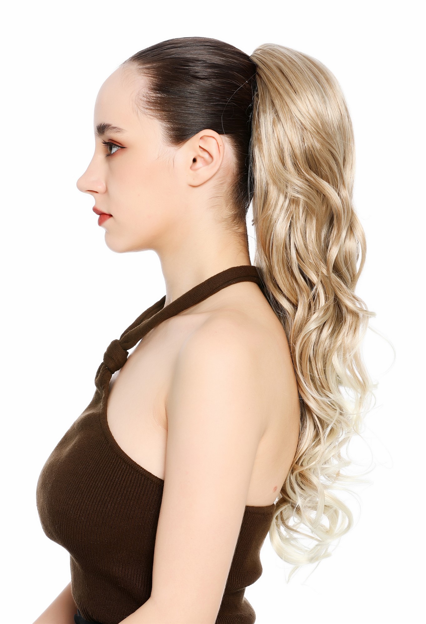 Zopf Pferdeschwanz Steckkämme lang oben glatt unten gelockt 55 cm Blond Platin Mix N1555A-15T613A