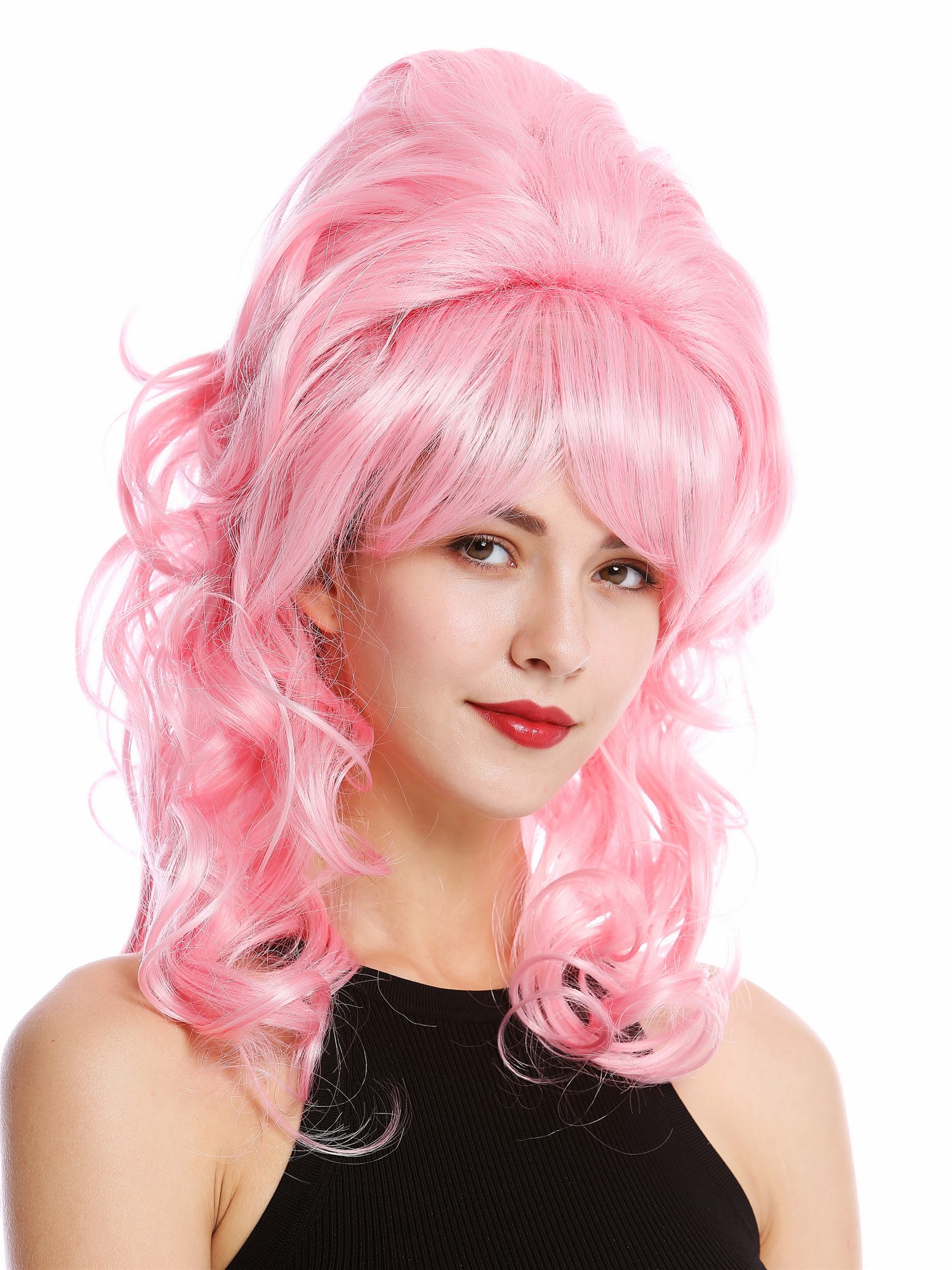 hochwertige Qualitätsperücken, Perücke 60er Retro Hochsteckfrisur Beehive Rosa GFW2418-TF2317-F1, Vorderansicht, WIG ME UP: Ihr Perücken Online Shop lockige Tressen-Perücke Hellrosa lange Haare für Damen