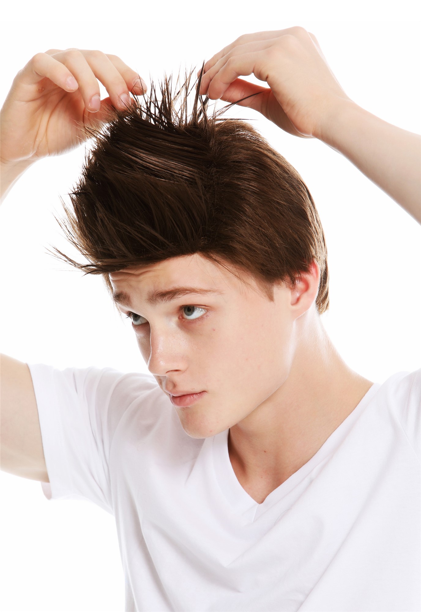 hochwertige Qualitätsperücken, Perücke hochtoupiert 80er Iro Braun WL-3034-8, Ansicht 3, WIG ME UP: Ihr Perücken Online Shop glatte Tressen-Perücke Dunkelbraun kurze Haare für Unisex