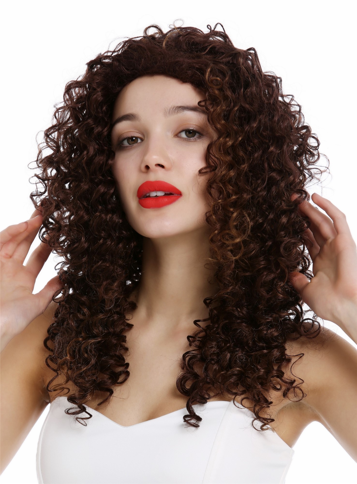 hochwertige Qualitätsperücken, Perücke Lockenpracht extrem lockig voluminös Mahagoni Braun Blond Gesträhnt VK-35-33H27, Ansicht 6, WIG ME UP: Ihr Perücken Online Shop lockige Tressen-Perücke Braun-Blond-Mix lange Haare für Damen