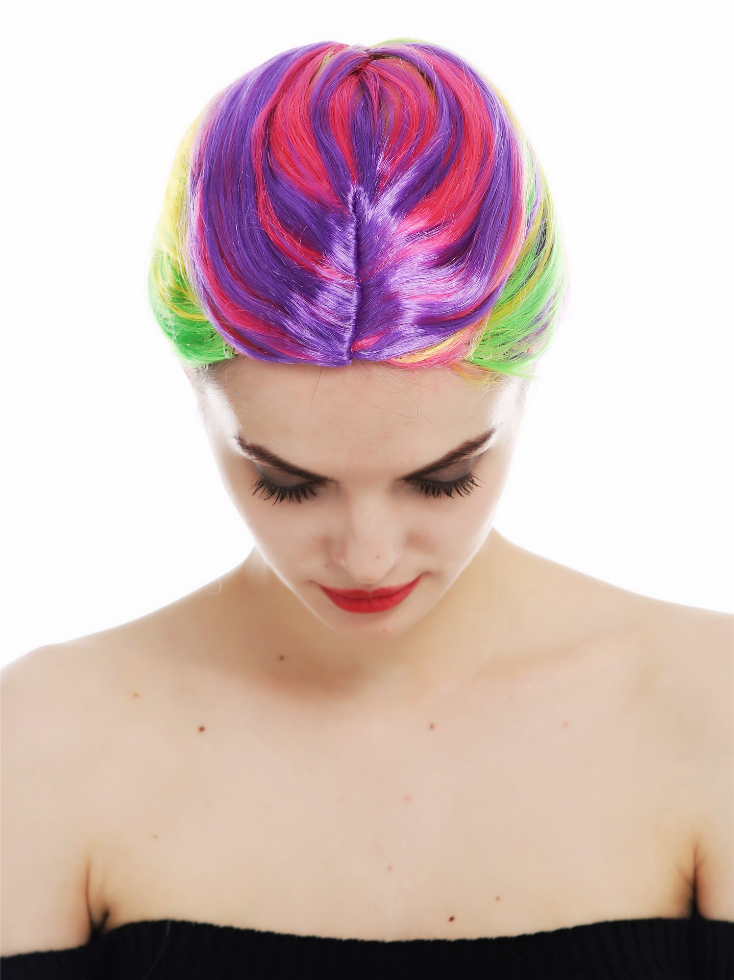 günstige Party Perücke, Perücke regenbogenfarben bunt Zopf geflochten lang 31946-FR-coloured, Ansicht 4, WIG ME UP: Ihr Perücken Online Shop geflochtene Party Perücke Lila,Rosa,Gelb,Grün schulterlange Haare für Damen