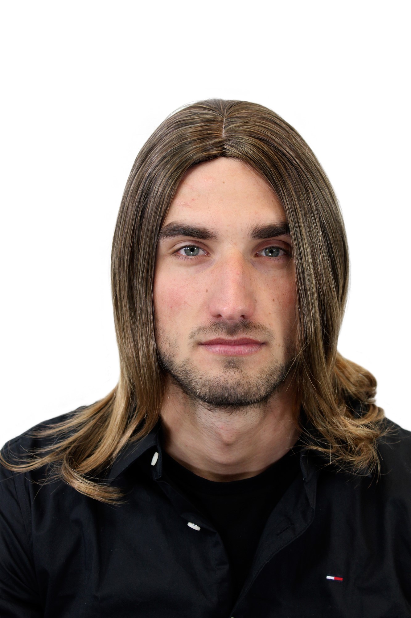 Men's WIG (for Men or Unisex) HIGH  synthetic straight INDIE MUSICIAN BROWN + BLOND ends, front view, WIG ME UP: Your Perücken Online Shop Quality Wigs, Men, Blonde, straight, shoulder-length