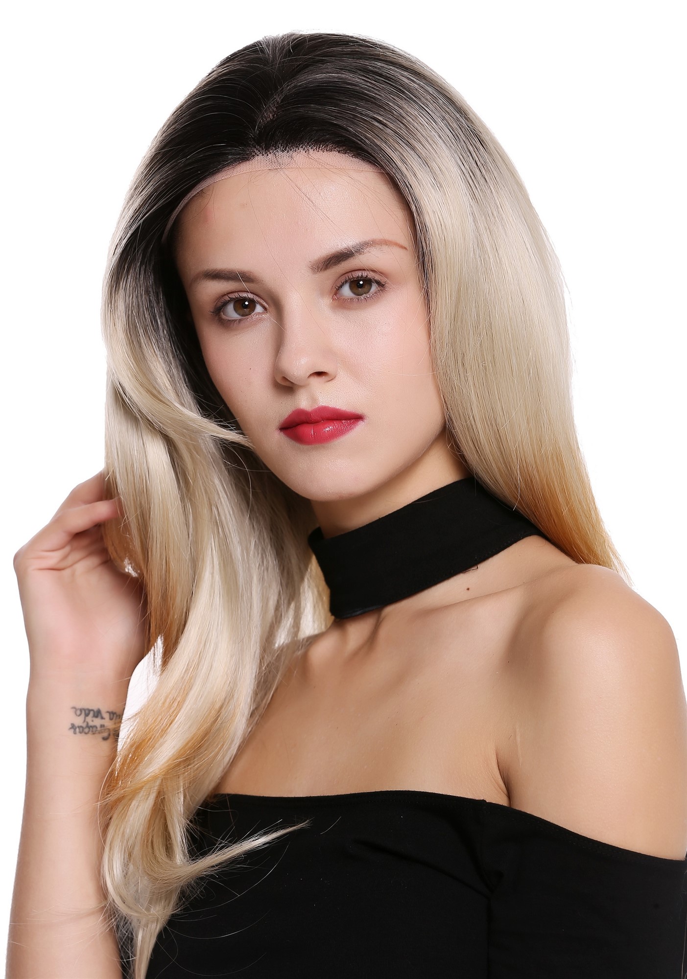Lady women wig lace front monofilament long sleek ombre black blonde BS201-MF, view 2, WIG ME UP: Your Perücken Online Shop Quality Wigs, Ladies, ash blonde-platinum blonde-velvet black-strawberry blonde mix, wavy, long