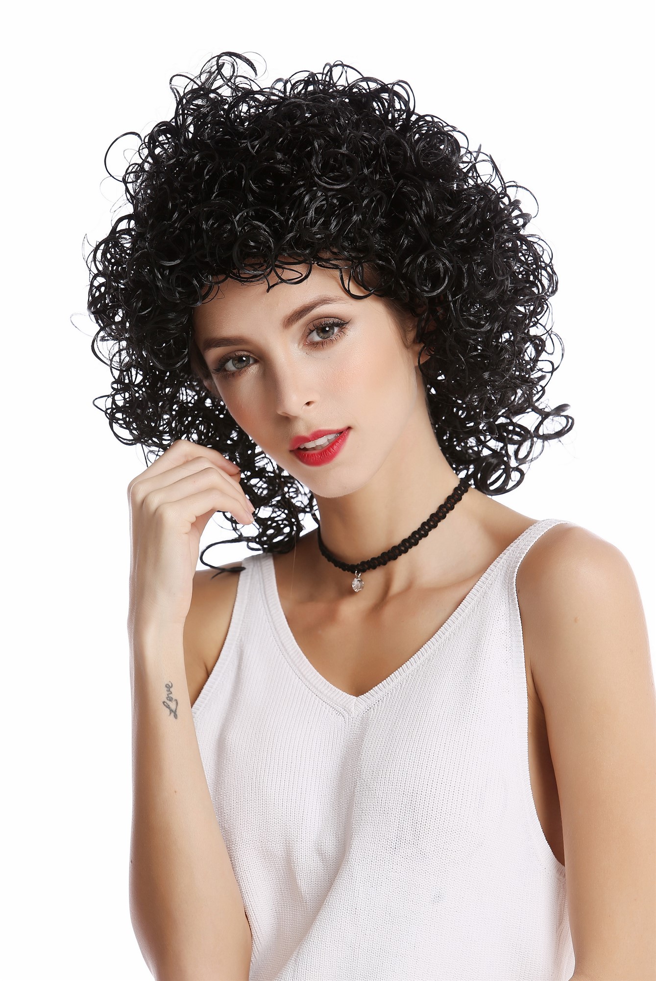 Wig Ladies Women Halloween Carnival short to medium length curly curls wetlook Latina black, view 3, WIG ME UP: Your Perücken Online Shop Party Wig, Ladies, Black, curled, short
