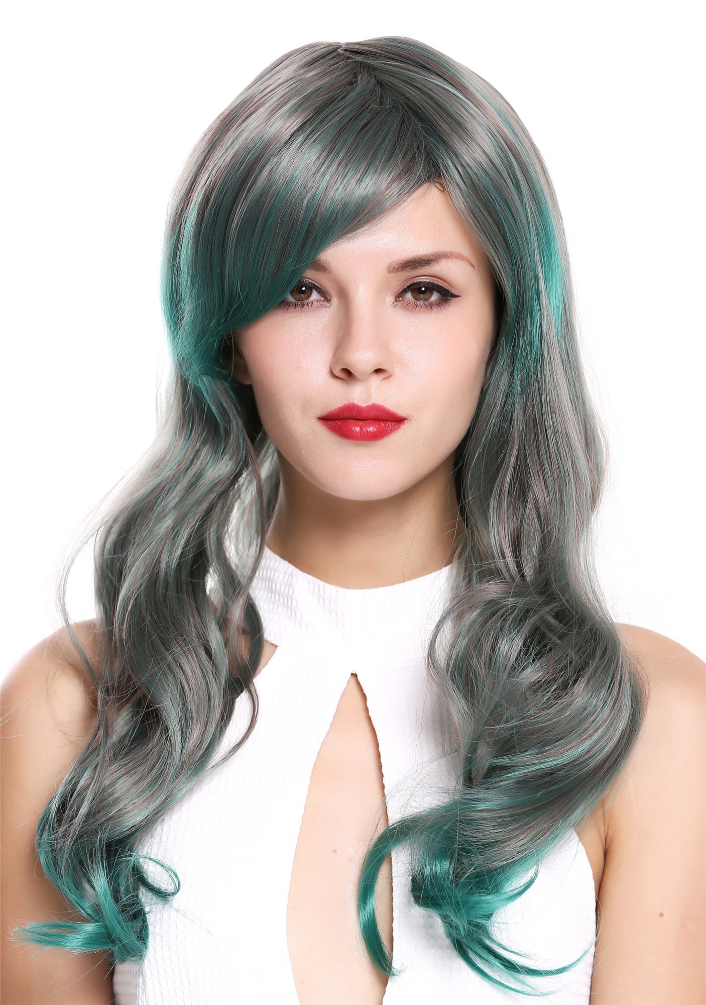 hochwertige Qualitätsperücken, Perücke Wellig Scheitel Grau Grün Rot Mix 6083-1102TBD, Ansicht 3, WIG ME UP: Ihr Perücken Online Shop wellige Tressen-Perücke mit Kopfhaut-Imitat Grau-Grün-Rot-Mix lange Haare für Damen