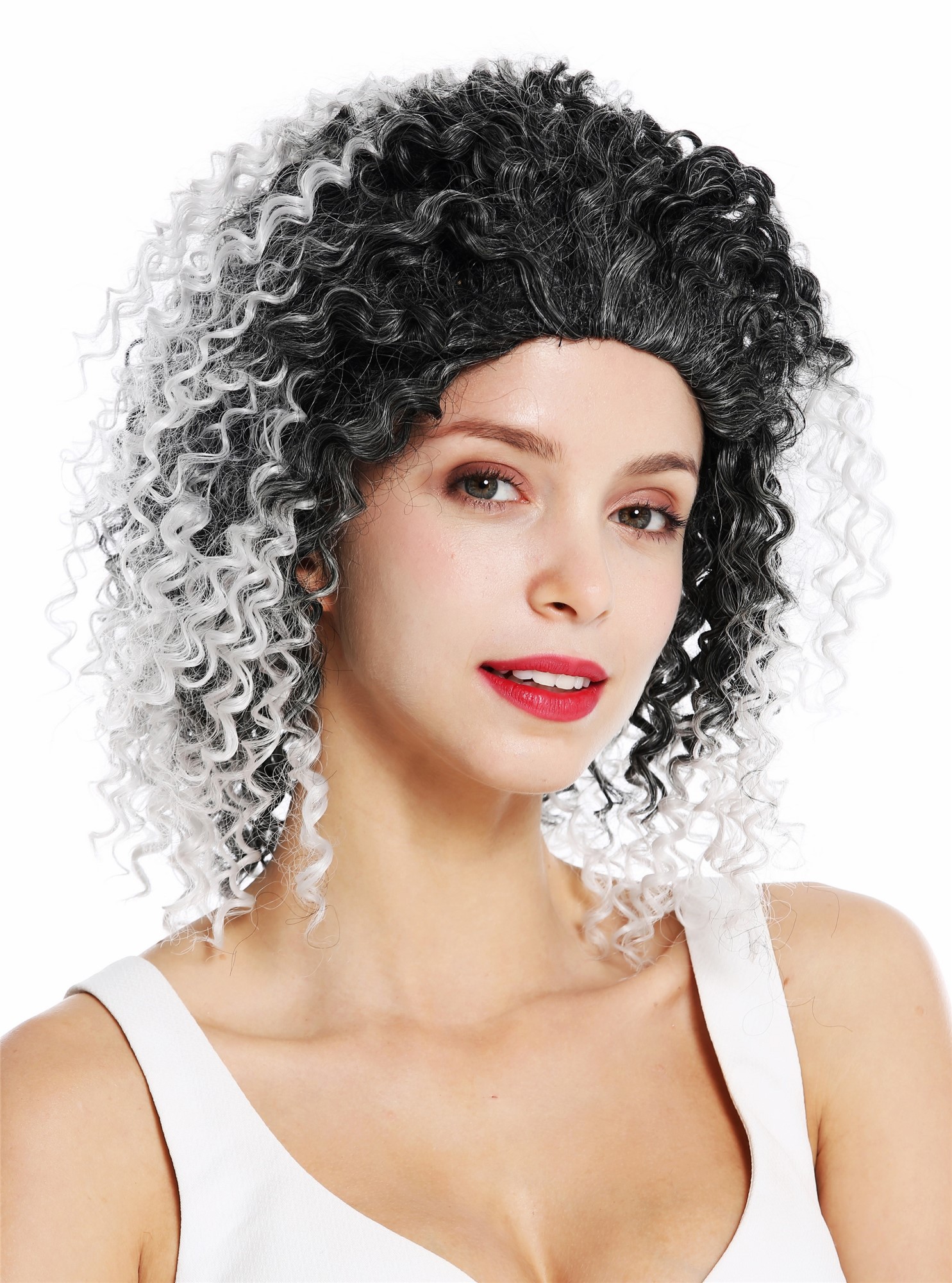 hochwertige Qualitätsperücken, Perücke schulterlang kraus gelockt Schwarz Grau gesträhnt ZM-1590-1BTSILVER, Vorderansicht, WIG ME UP: Ihr Perücken Online Shop lockige Tressen-Perücke Schwarz-Grau-Mix schulterlange Haare für Damen