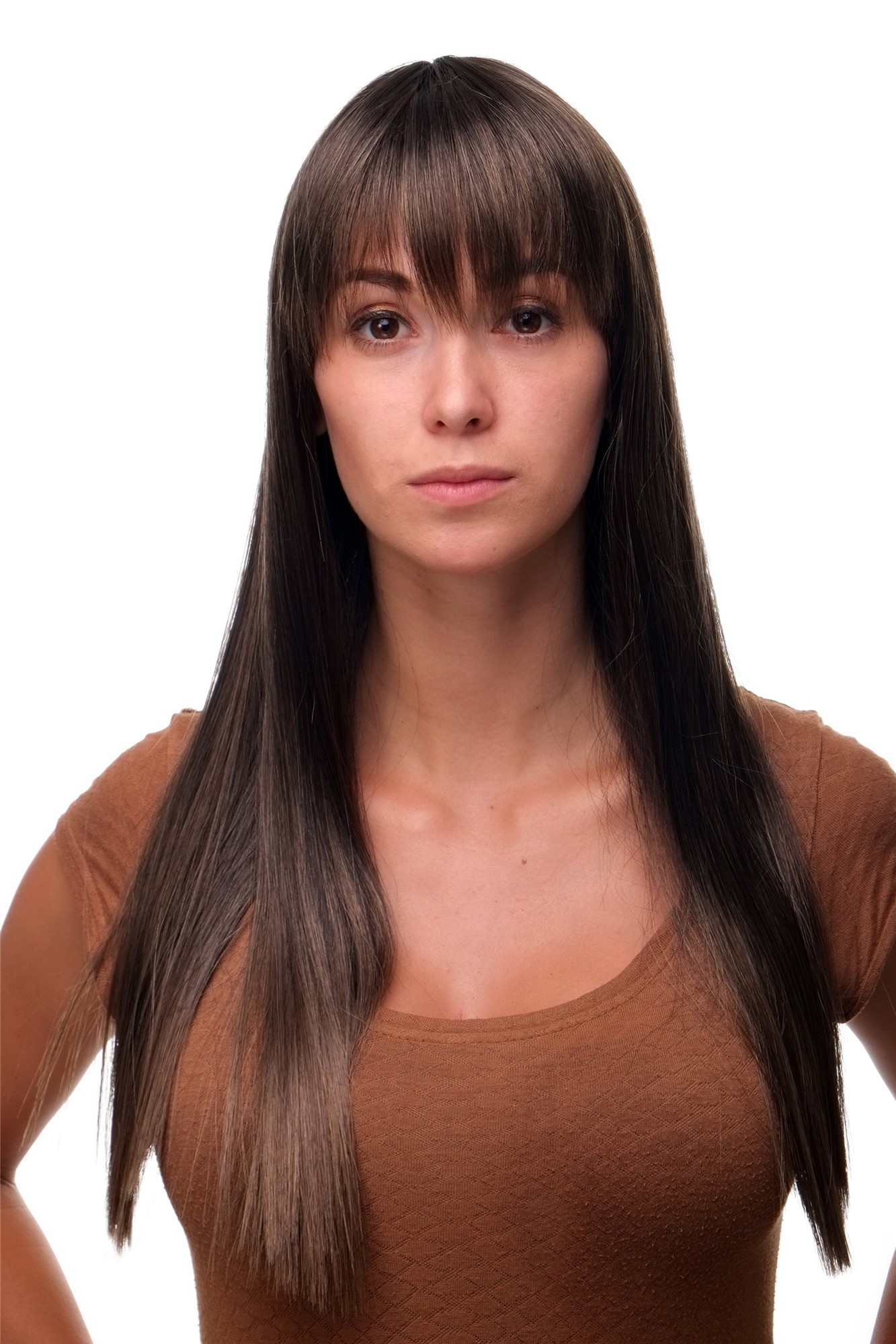 hochwertige Qualitätsperücken, Perücke Braun-Schwarz-Mix gerader Schnitt GFW373-2T10, Vorderansicht, WIG ME UP: Ihr Perücken Online Shop glatte Tressen-Perücke mit Kopfhaut-Imitat Braun-Schwarz-Mix lange Haare für Damen