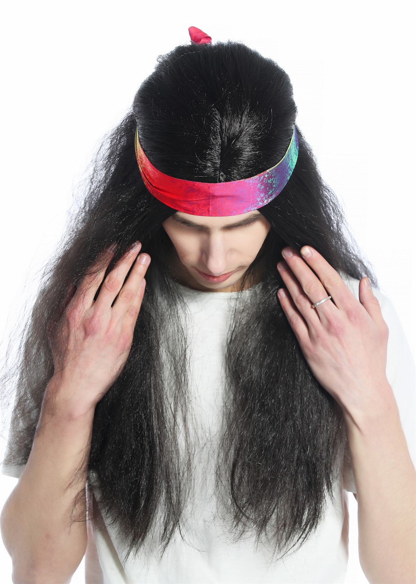 CW-028-P1 Halloween Carnival wig & headband set men women long black 70s Hippie, view 6, WIG ME UP: Your Perücken Online Shop Party Wig, Unisex, black-brown, wavy, long