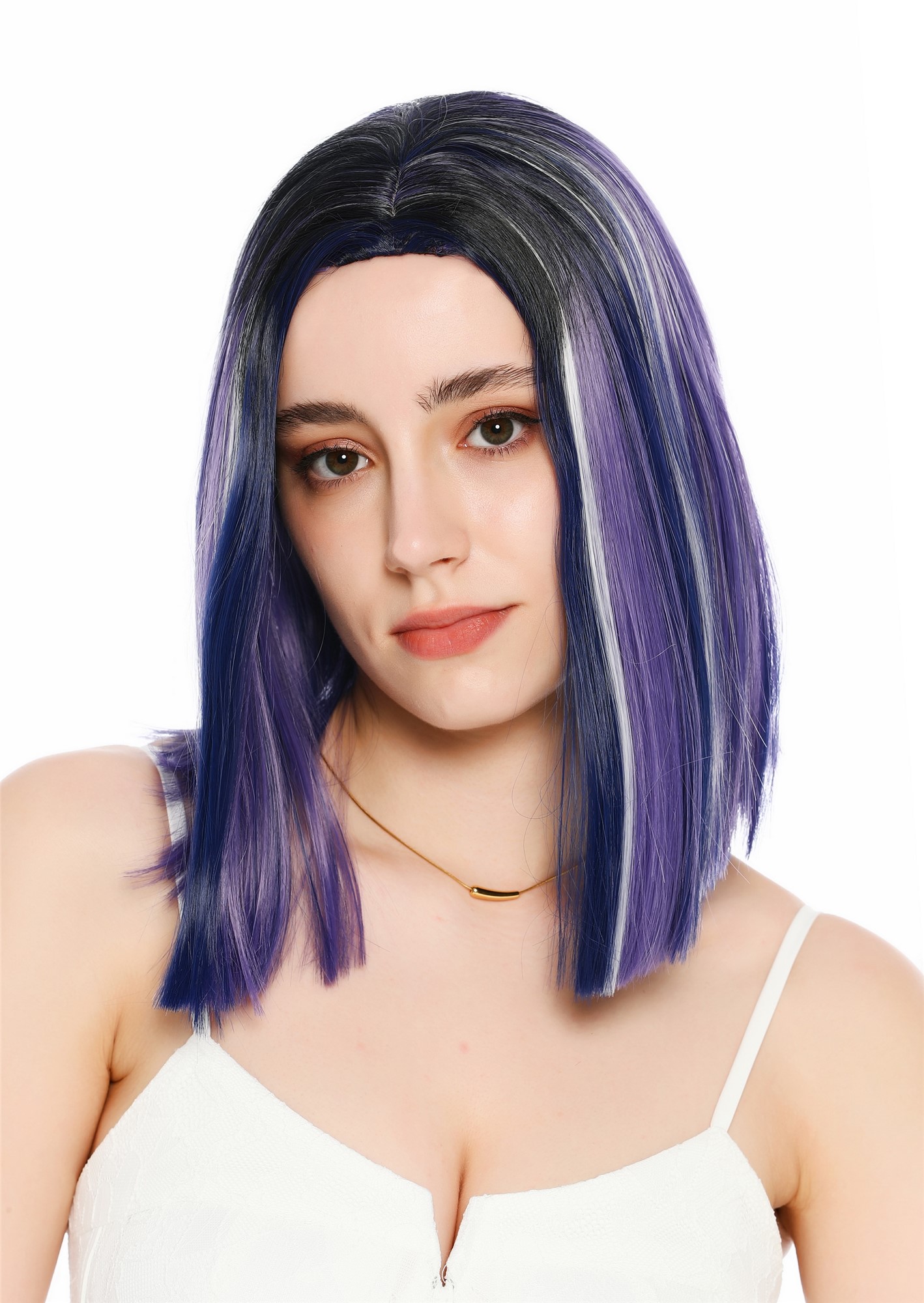 Perücke Damen schulterlang Longbob glatt Lila Schwarz Weiß Blau Gesträhnt Mittelscheitelt GFW4029S-G597