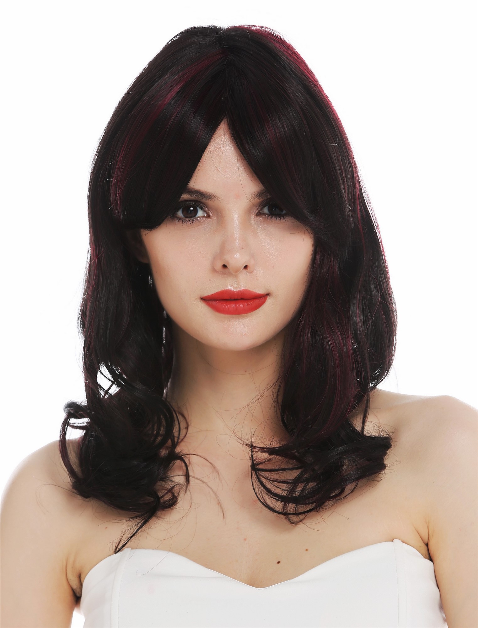 hochwertige Qualitätsperücken, Perücke Monofilament lang leicht gelockt Schwarzbraun rote Highlights TYM-493-MT-2H39, Vorderansicht, WIG ME UP: Ihr Perücken Online Shop lockige Tressen-Perücke mit Teil-Mono Oberkopf, Voll-Mono und als Befestigung mit Klebeflächen Schwarz-Rot-Mix lange Haare für Damen