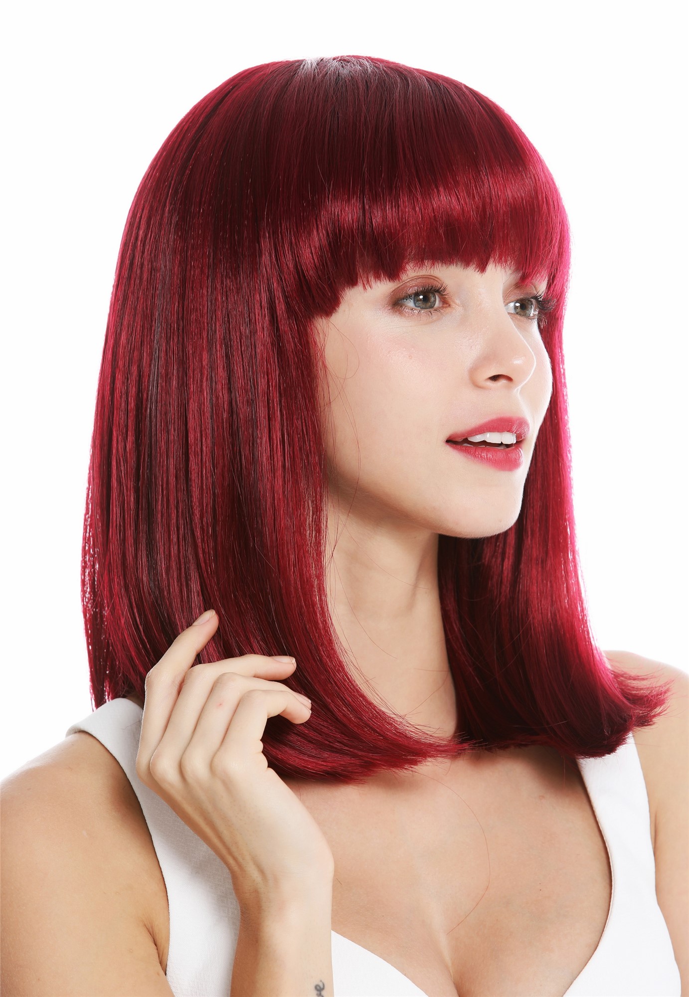 hochwertige Qualitätsperücken, Perücke Longbob schulterlang Pony Rot Violett VK-1-118H99J, Ansicht 2, WIG ME UP: Ihr Perücken Online Shop glatte Tressen-Perücke Rot-Violett-Mix schulterlange Haare für Damen