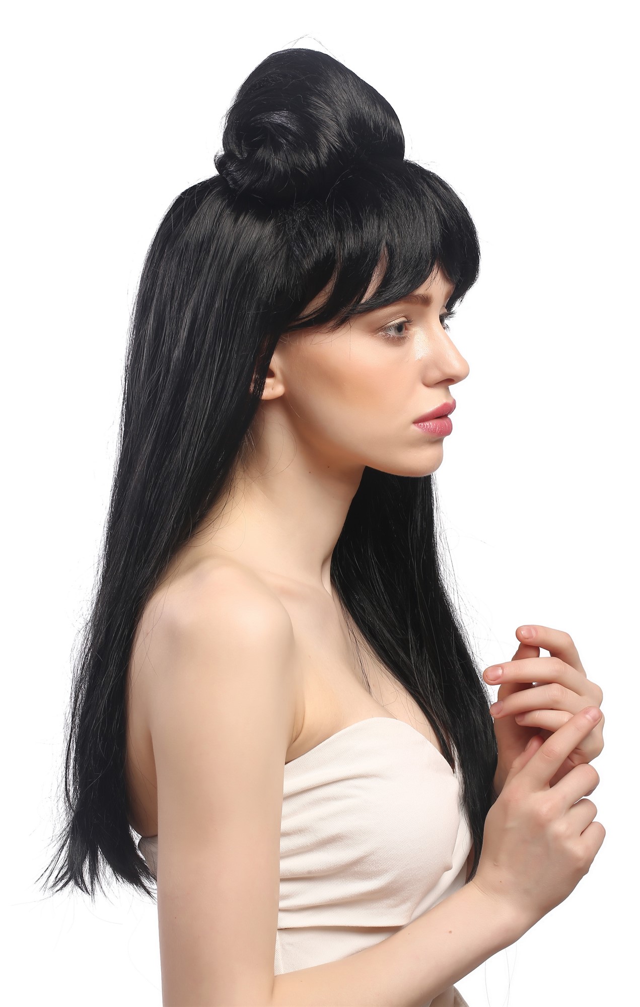 Lady Party Wig Fancy Dress black beehive Flower hairbun Tango Carmen Spanish Geisha China Japan, view 3, WIG ME UP: Your Perücken Online Shop Party Wig, Ladies, Black, straight, long