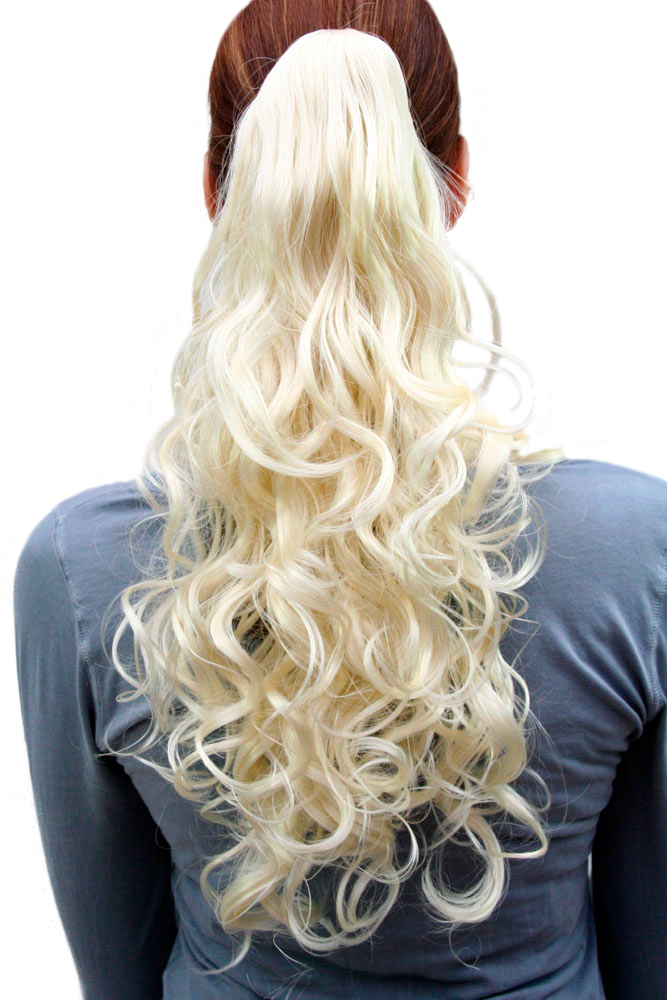 C-128-613 Hairpiece PONYTAIL medium length curls PLATINUM BLOND Butterfly-Claw/Clamp 18", front view, WIG ME UP: Your Perücken Online Shop Ponytails, platinum blonde, curled, shoulder-length