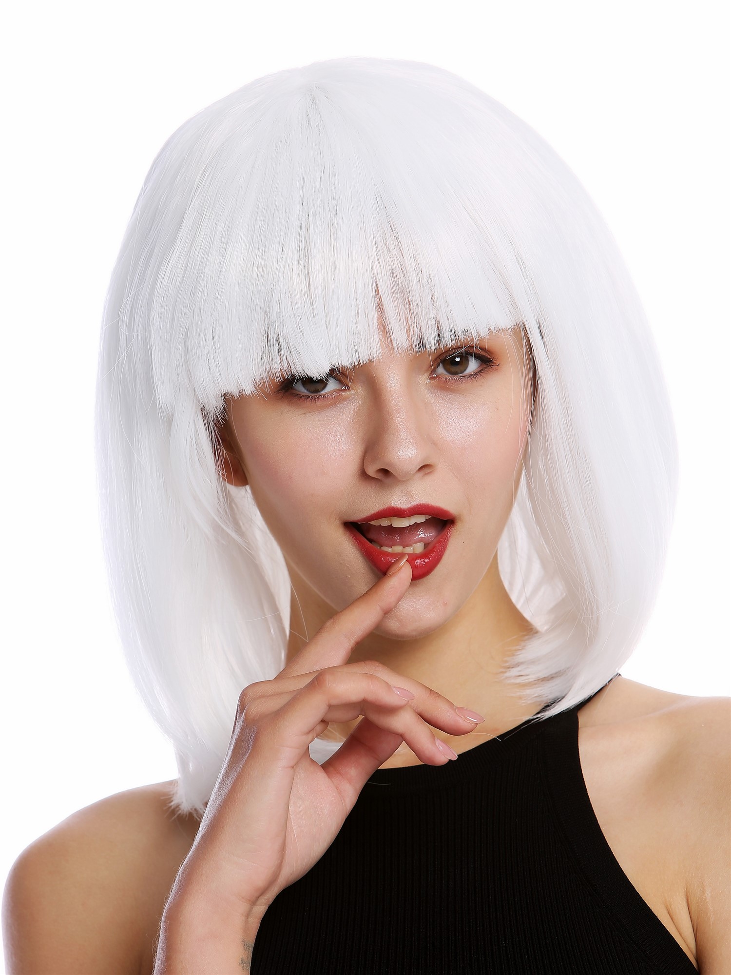 günstige Party Perücke, Perücke Bob-Frisur Longbob Pony glatt weiß 0073-3-P60, Vorderansicht, WIG ME UP: Ihr Perücken Online Shop glatte Party Perücke Weiß schulterlange Haare für Damen