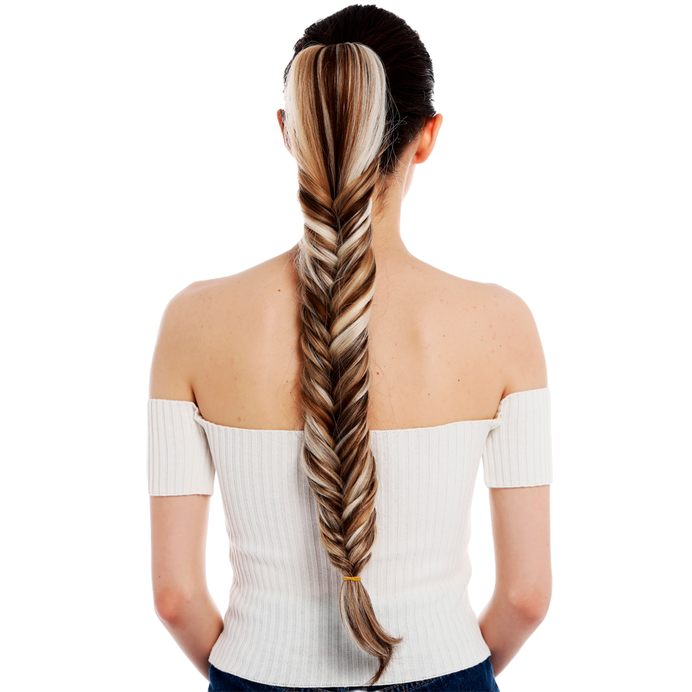 Braun-Blonder, langer Zopf mit geflochtenen Haaren