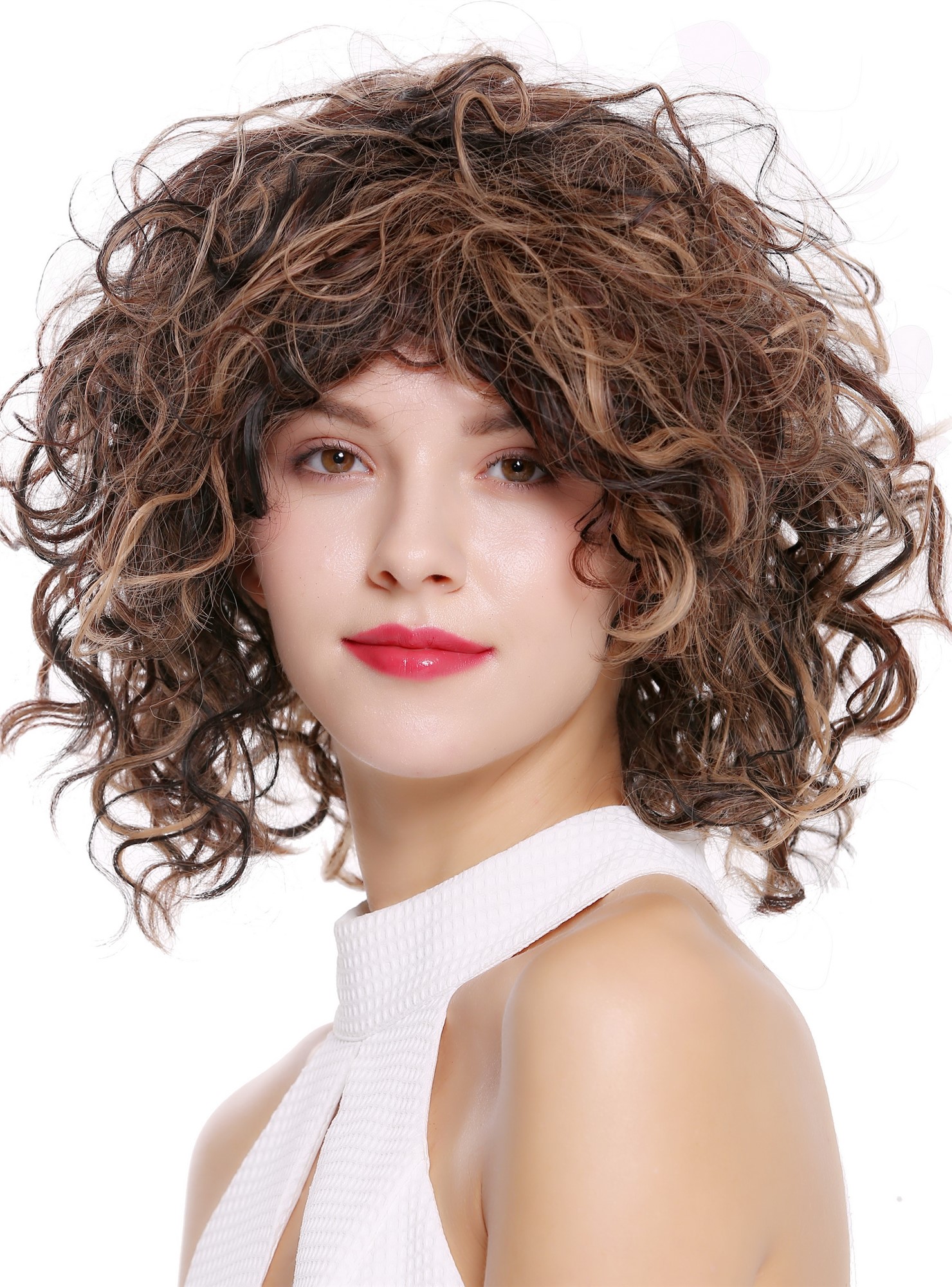 Lady wig short medium length wild curls voluminous mahogany brown blond DW-2698, front view, WIG ME UP: Your Perücken Online Shop Quality Wigs, Ladies, brown-ash blonde, curled, shoulder-length
