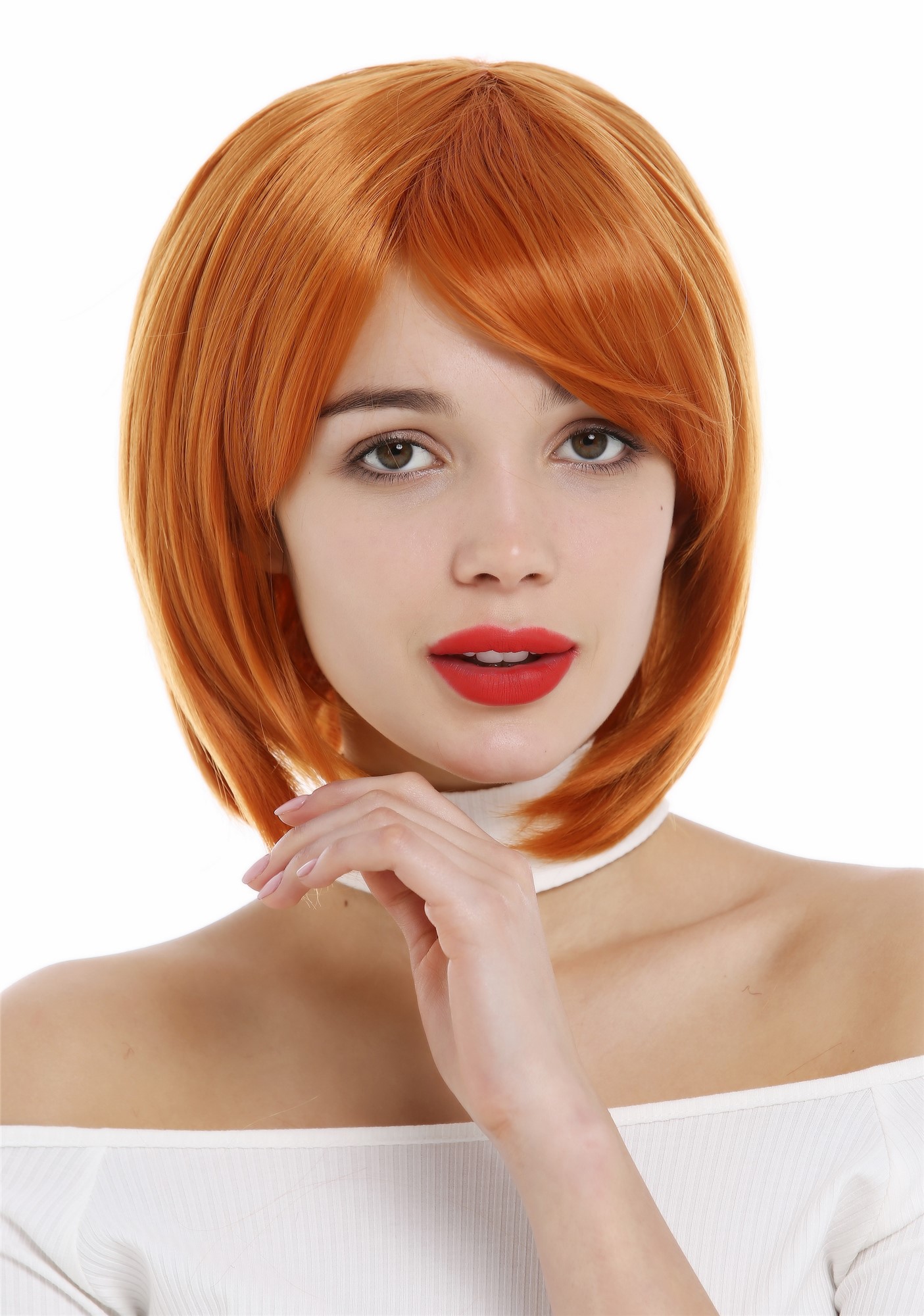 hochwertige Qualitätsperücken, Perücke Damen Long Bob Longbob mit Scheitel volles Haar Orange 1215-T2735, Ansicht 4, WIG ME UP: Ihr Perücken Online Shop glatte Tressen-Perücke mit Kopfhaut-Imitat Orangerot kurze Haare für Damen