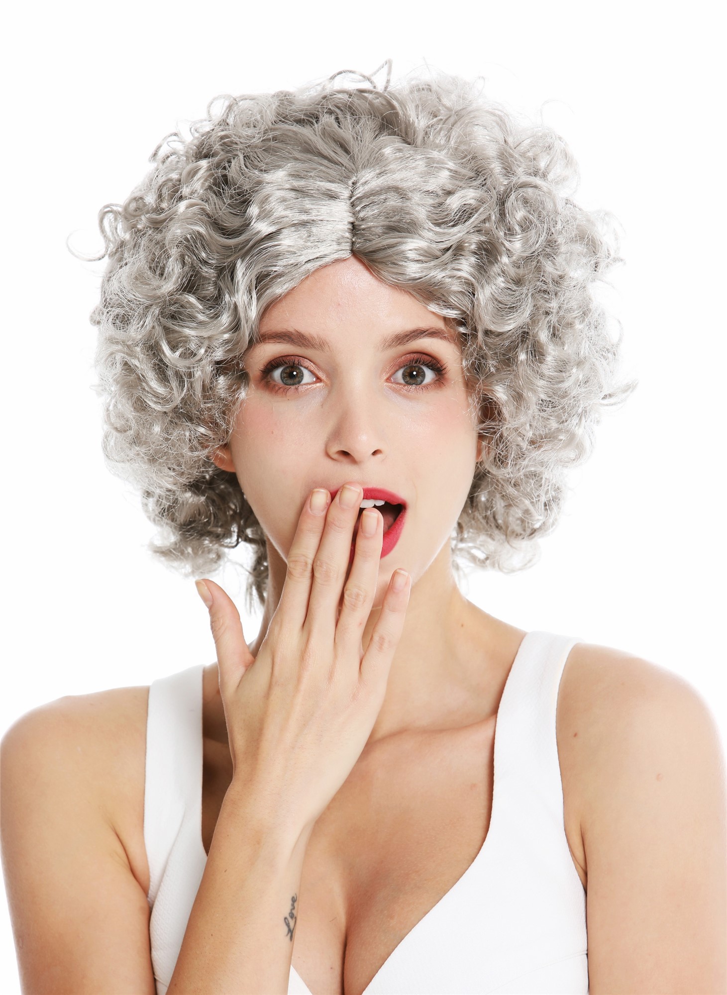 Women's party wig funky 60's 70's funk afro curls middle parting grey DH1101, front view, WIG ME UP: Your Perücken Online Shop Party Wig, Ladies, silver gray, curled, short