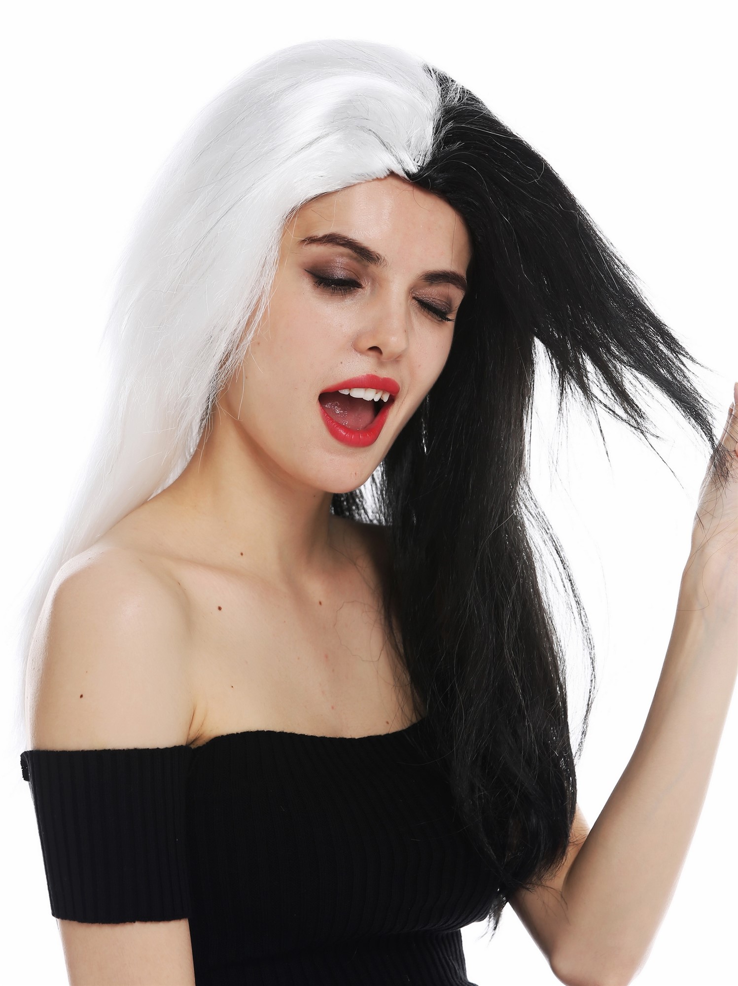Women's wig Halloween long middle parting vamp black white half half EW-8059, view 5, WIG ME UP: Your Perücken Online Shop Party Wig, Ladies, deep black and white mix, straight, long