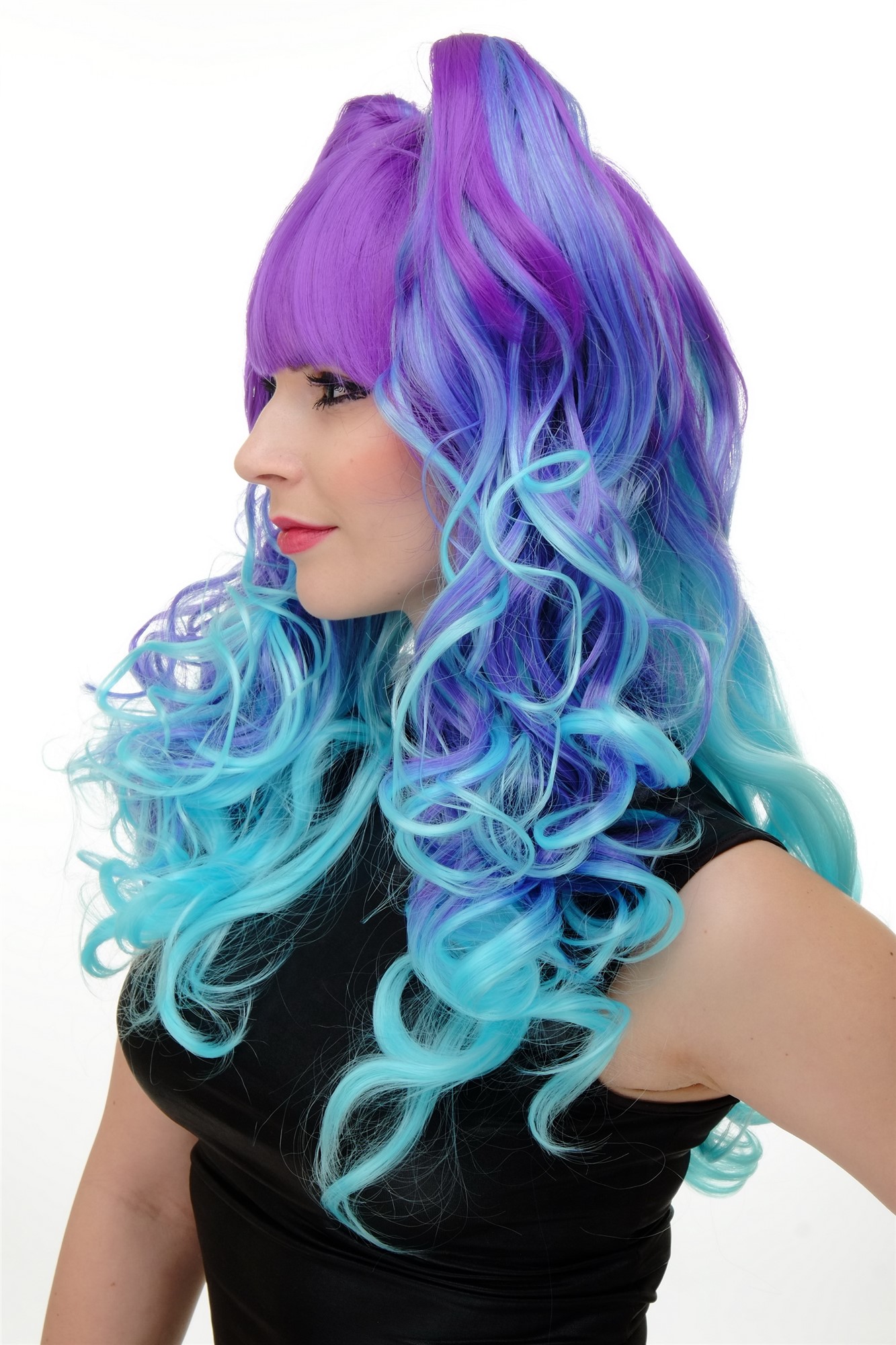 Lady Cosplay Wig long + 2 ponytails curled bangs ombre blue turquois YZF-7096+A, view 2, WIG ME UP: Your Perücken Online Shop Quality Wigs, Ladies, Purple, curled, shoulder-length