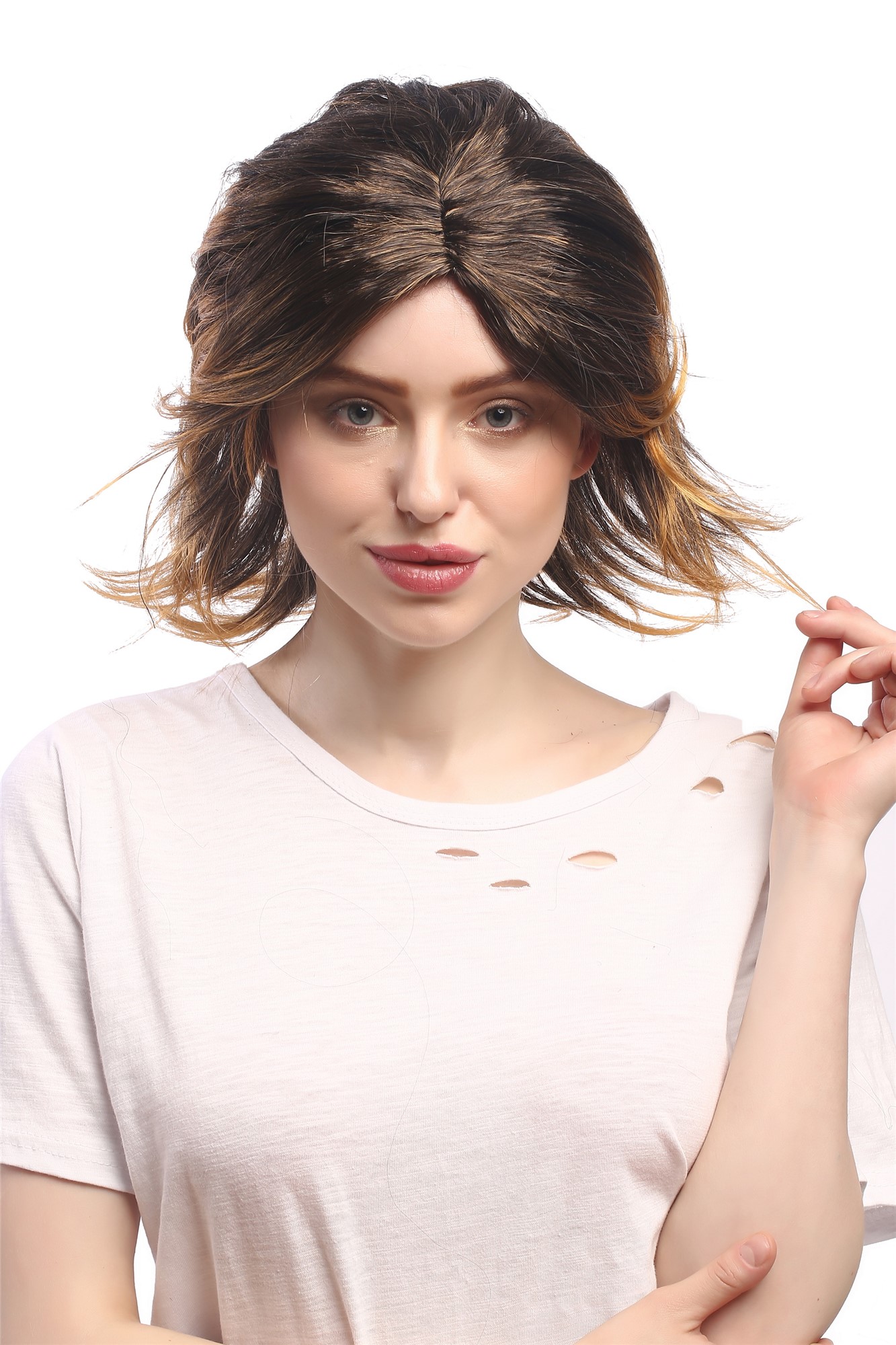 günstige Party Perücke, Perücke Braun Blond Strähnen Wild Kurz 6046-P27TP1, Ansicht 3, WIG ME UP: Ihr Perücken Online Shop wellige Party Perücke Braun schulterlange Haare für Damen