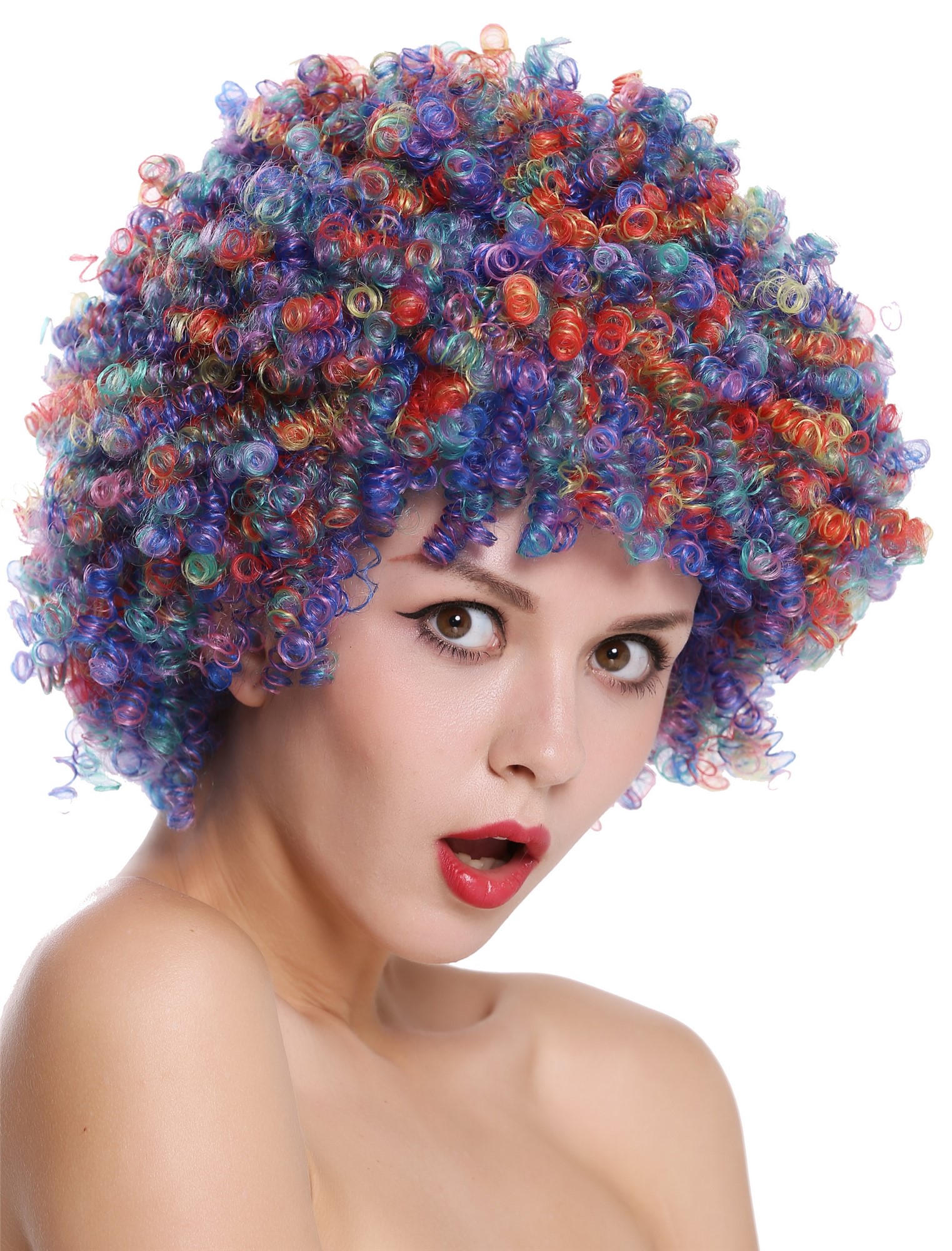 Party Wig, Ladies, green, blue, red, yellow-pink, curled, short