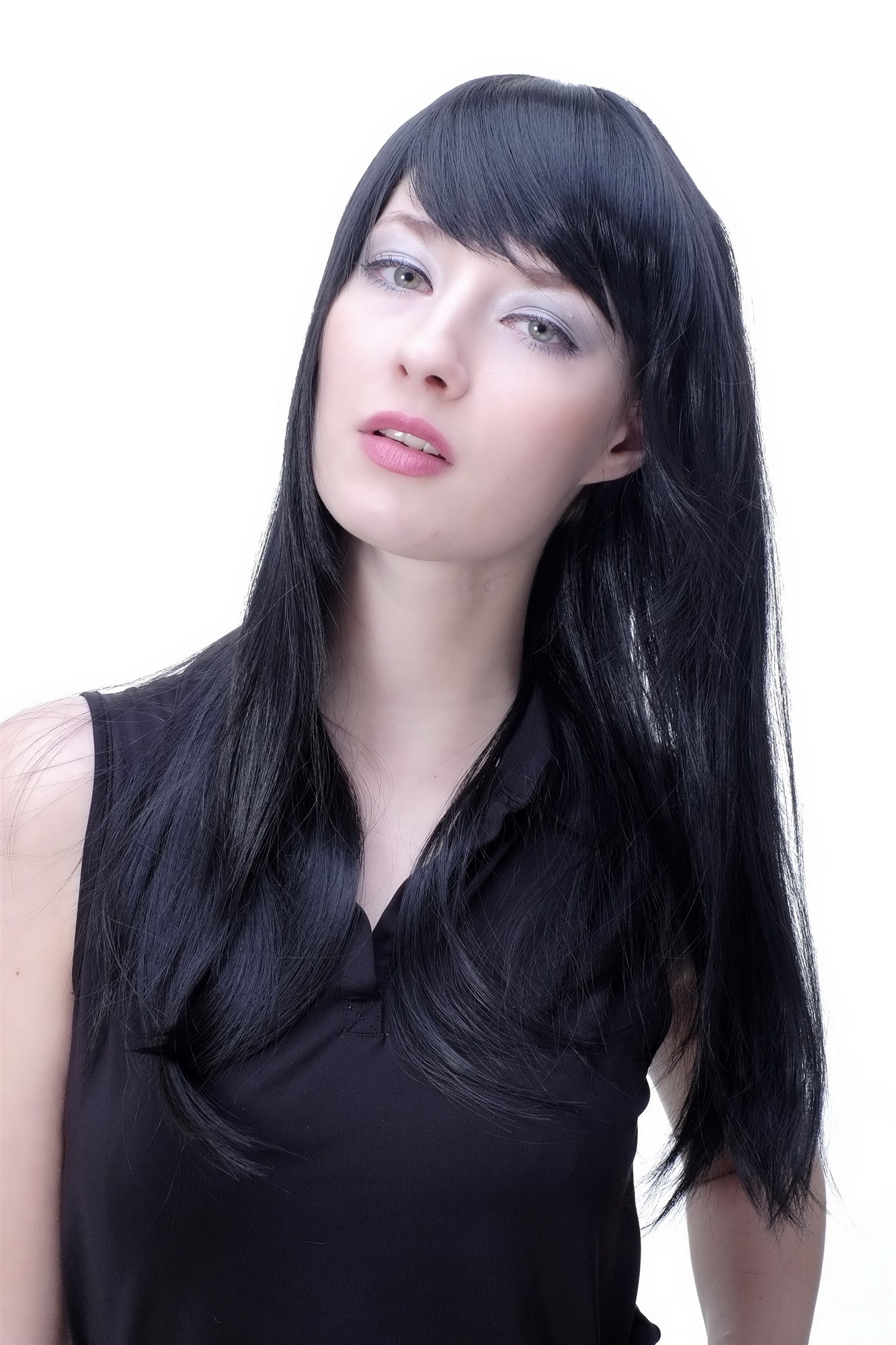 Lady women wig medium long straight sleek fringe bangs off black Goth Emo 3280, view 3, WIG ME UP: Your Perücken Online Shop Quality Wigs, Ladies, black-brown, straight, long
