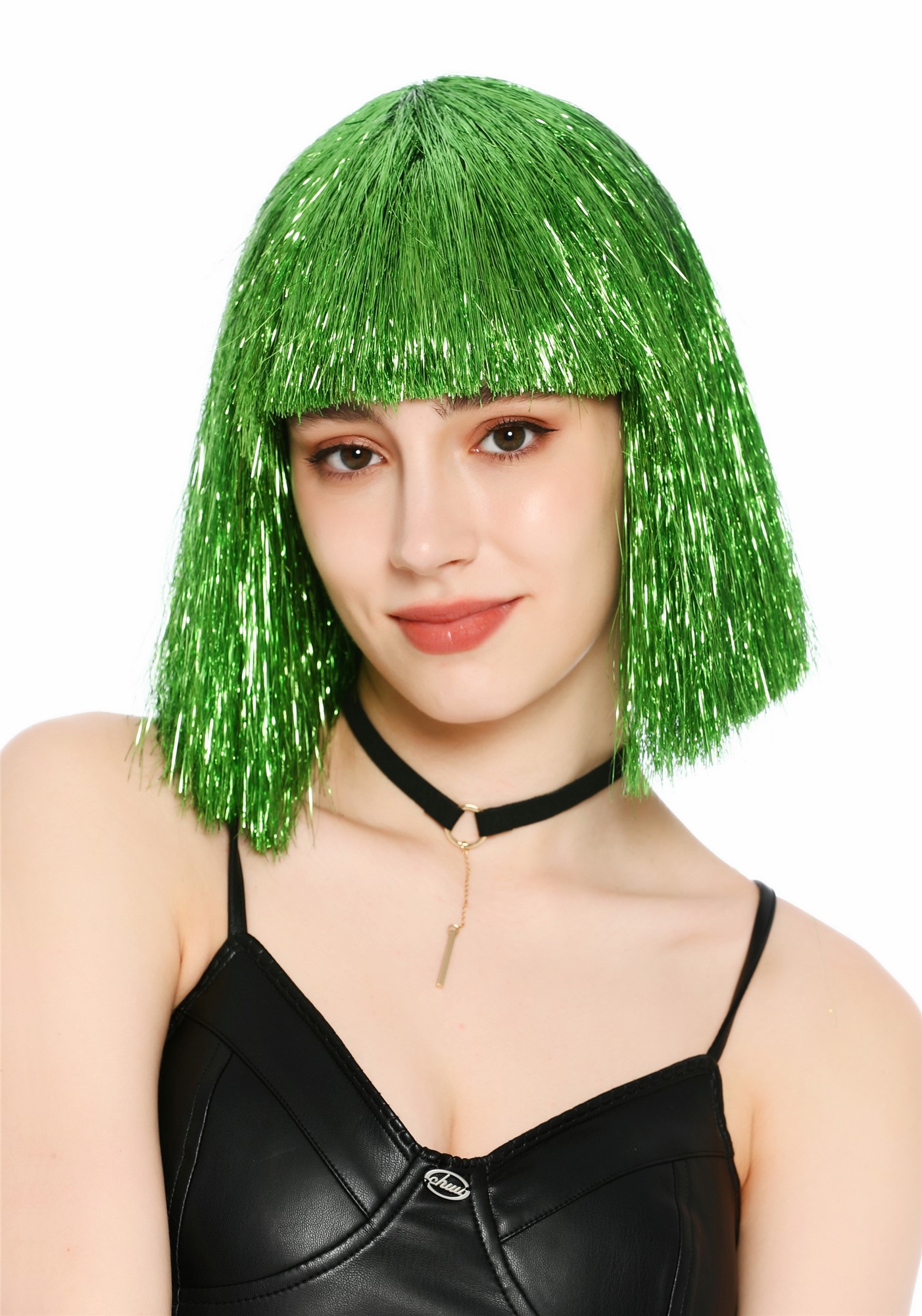Perücke Damen Glitzer Lametta Tinsel Look Longbob Pony Disco Glam Grün VK-42-TN11