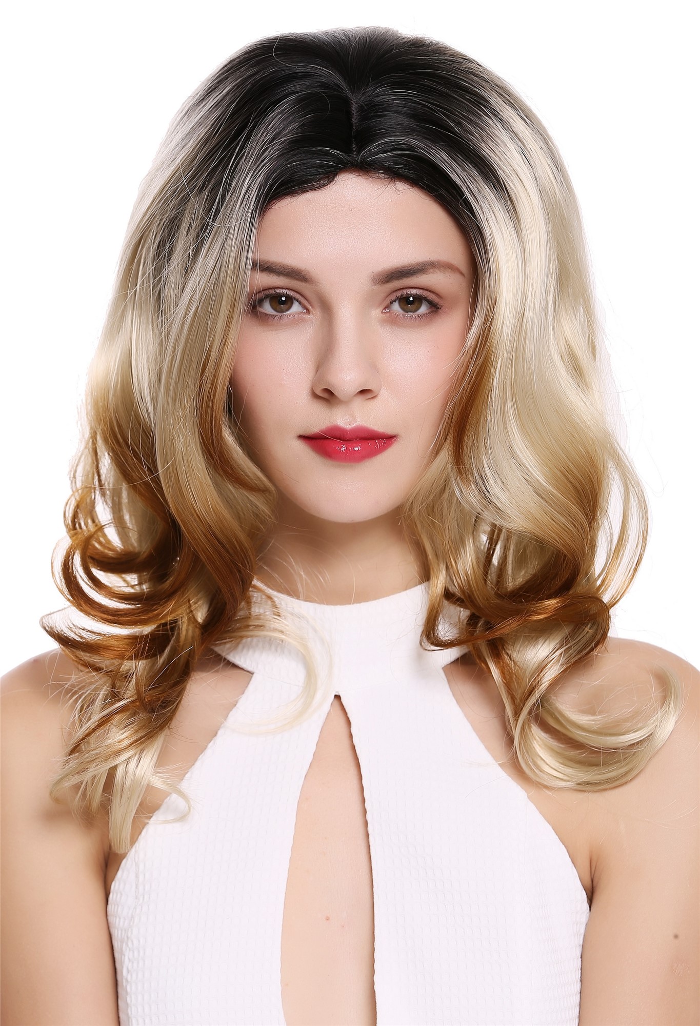Women's wig lady long wavy soft curls middle parting ombre black blonde DW1595, front view, WIG ME UP: Your Perücken Online Shop Quality Wigs, Ladies, blonde-velvet black mix, wavy, long