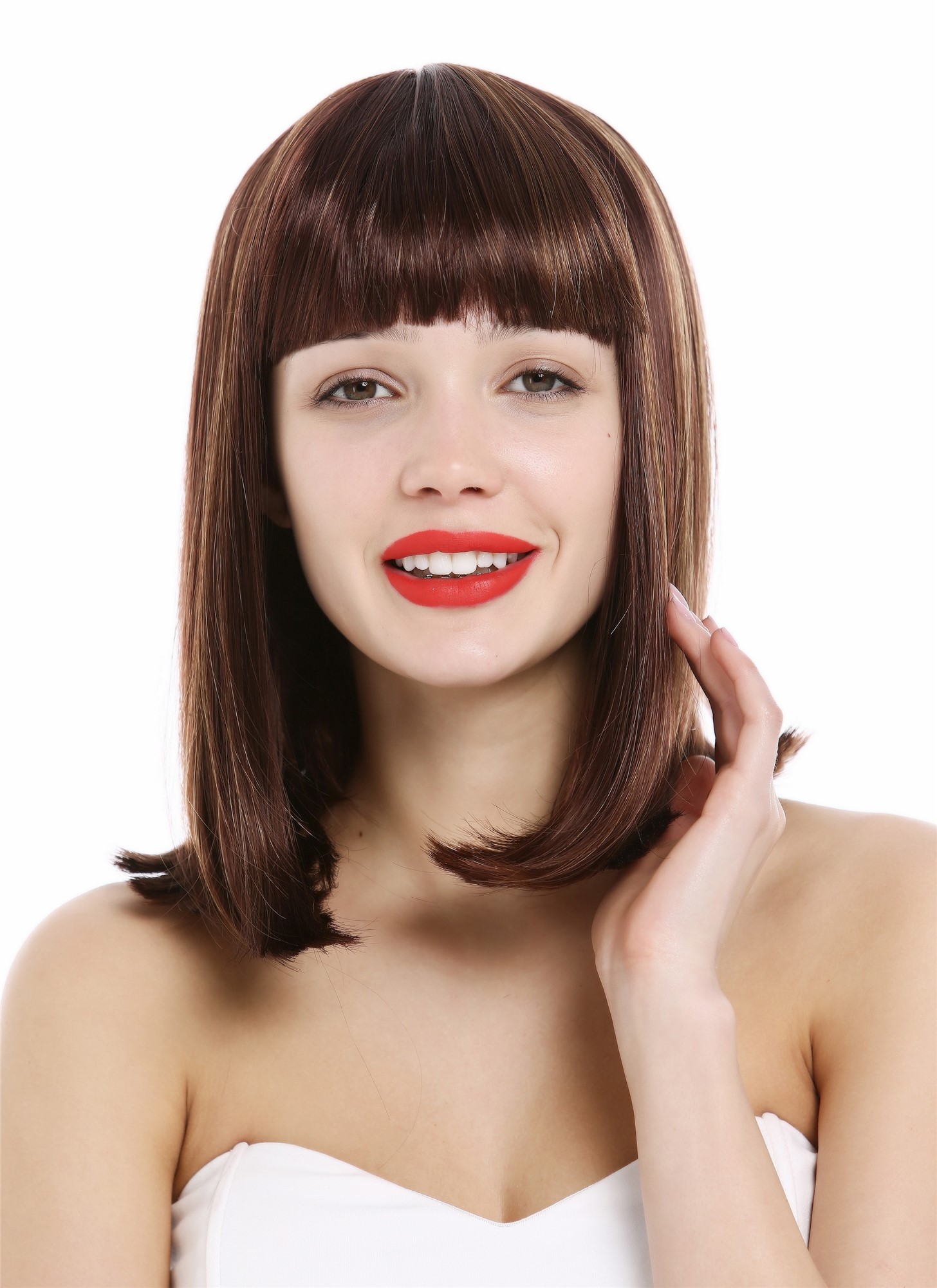 Longbob lady wig sleek femme fatale clavi cut bangs auburn streaked blond VK-39 , view 2, WIG ME UP: Your Perücken Online Shop Quality Wigs, Ladies, brown-blonde mix, straight, shoulder-length